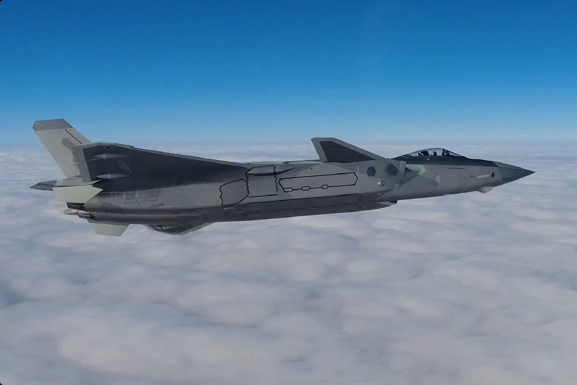 歼-20最新训练视频。图为歼-20准备脱离编队。（中国央视军事截图）