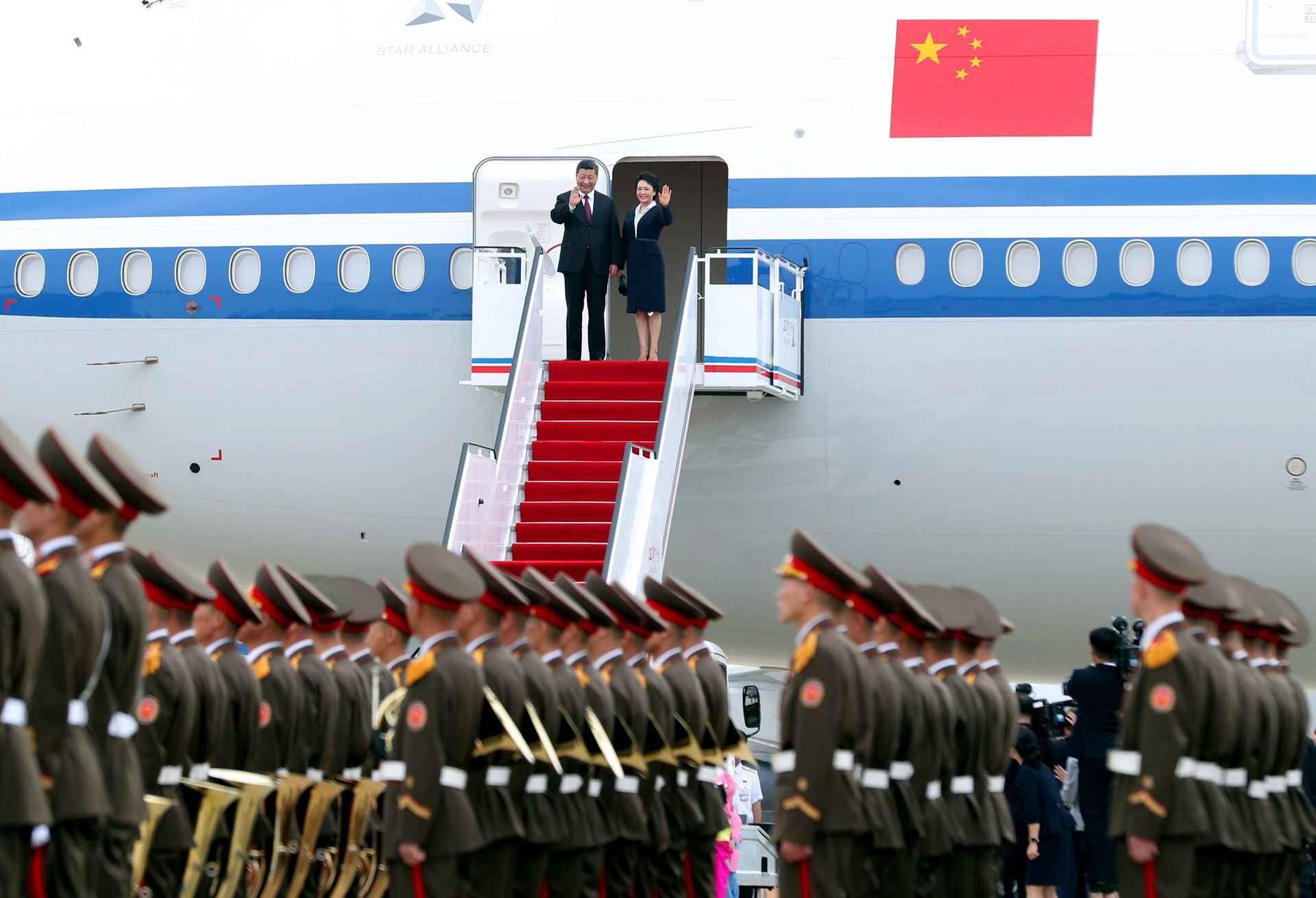 2019年6月20日，中国国家主席习近平乘专机抵达平壤，开始对朝鲜进行国事访问。（新华社）
