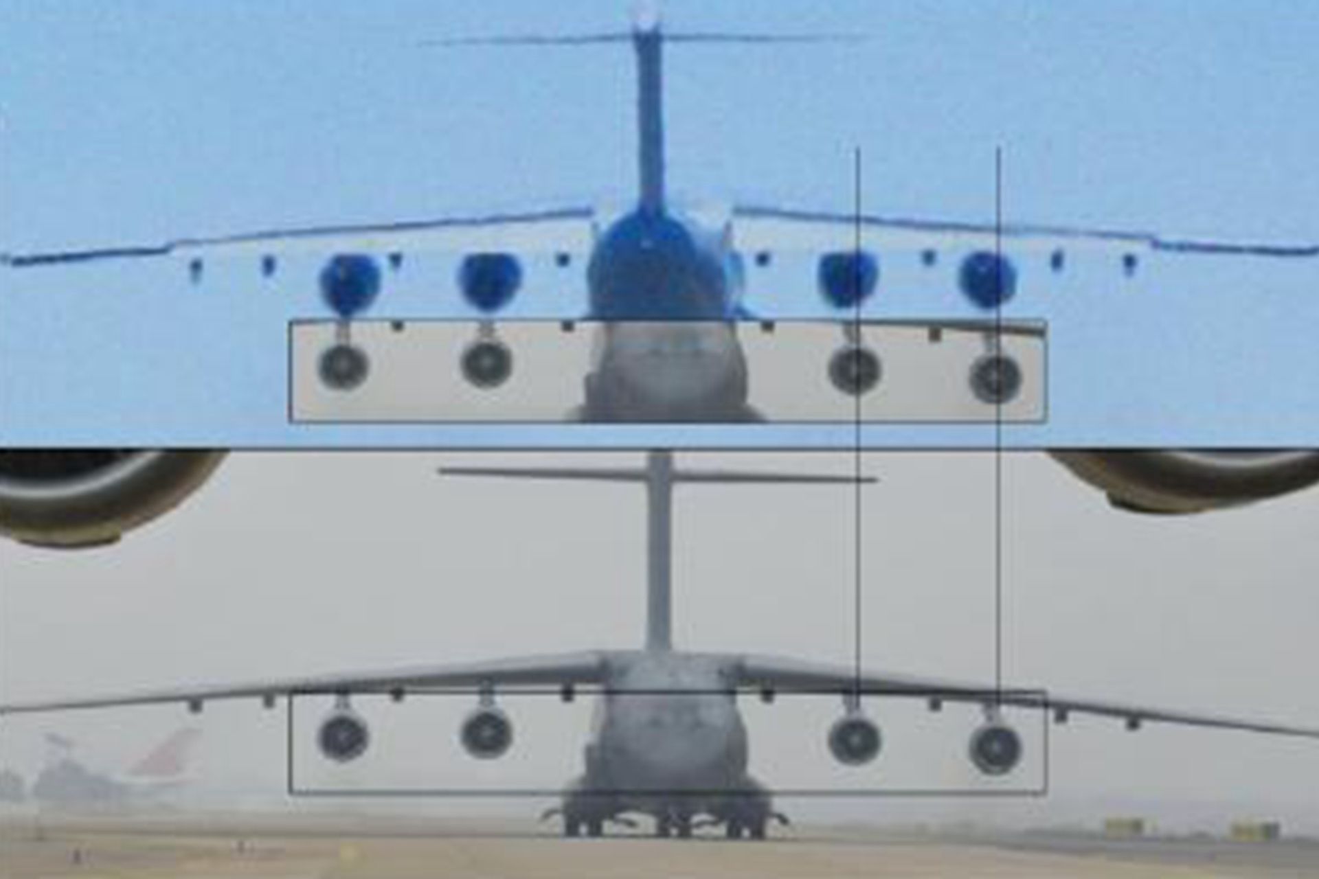 一些中国专业人士通过对比发现,首飞的运-20安装的发动机尺寸较现役运-20使用的俄制D-30KP-2发动机要粗壮的多。(微博@大包00)