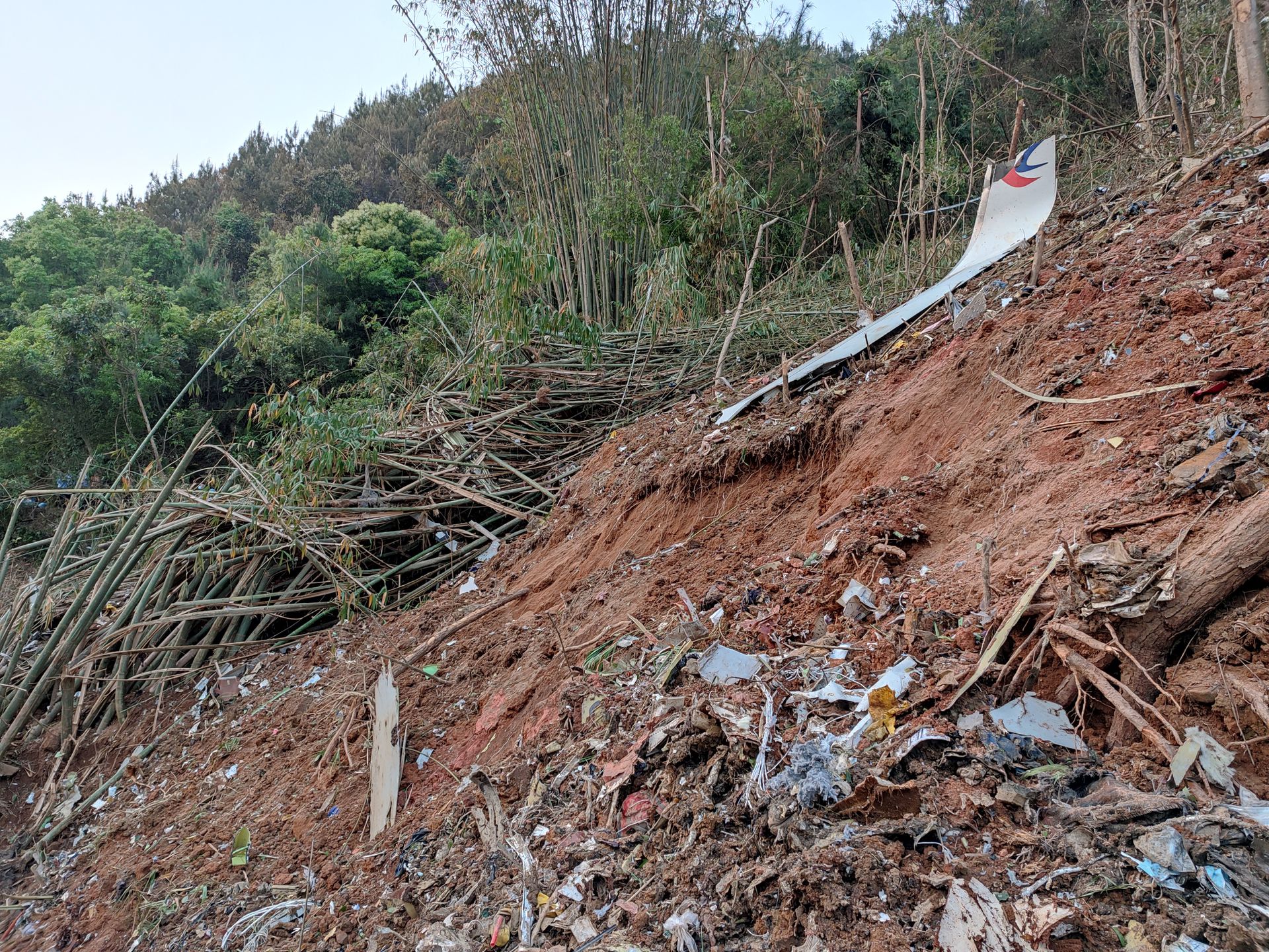 2022年3月21日，搜救人员在中国广西藤县坠机现场发现的飞机残骸。（新华社）