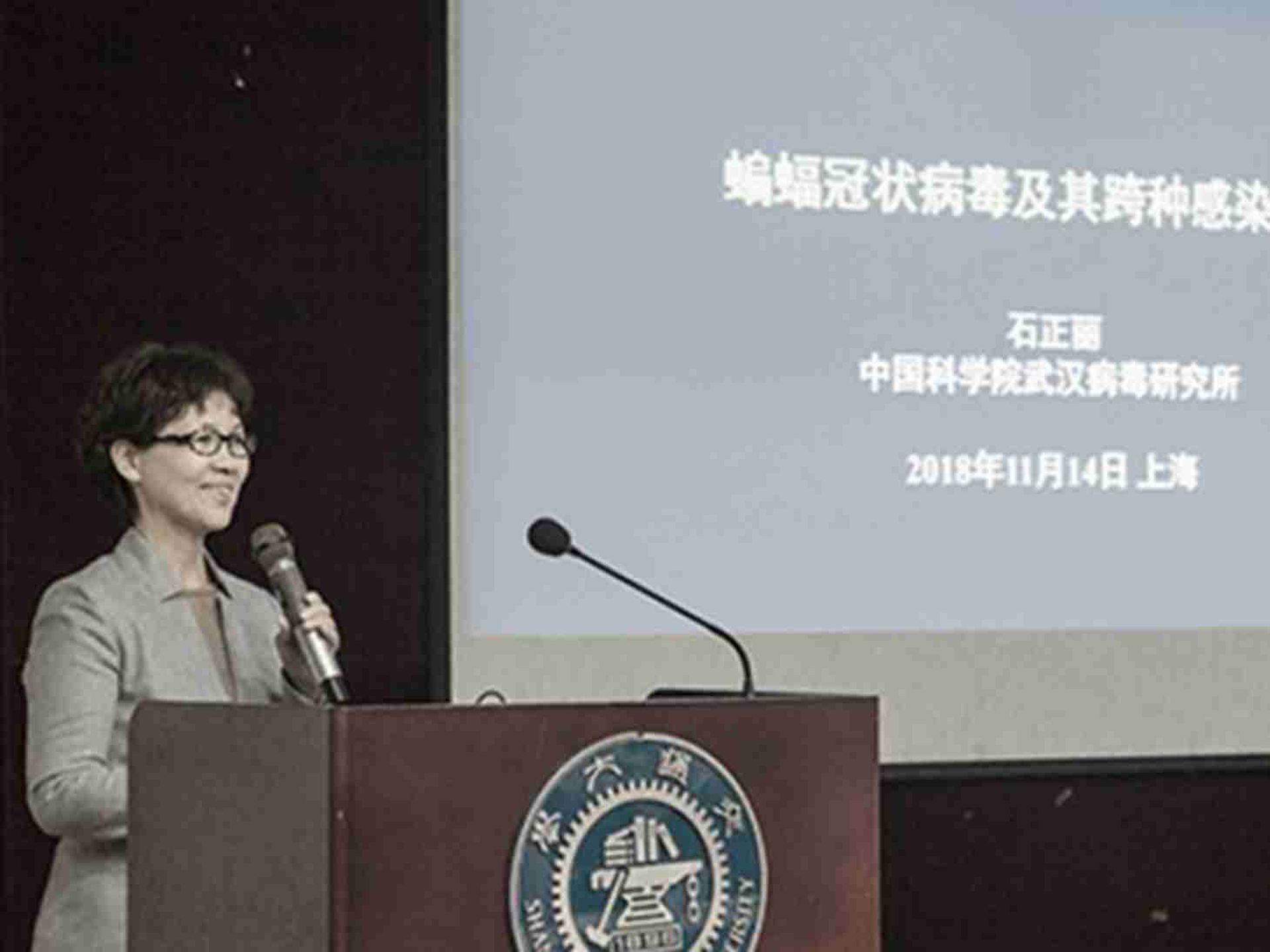 2018年11月14日，石正丽在中国上海就蝙蝠冠状病毒做专题演讲。（微博@腥闻人）