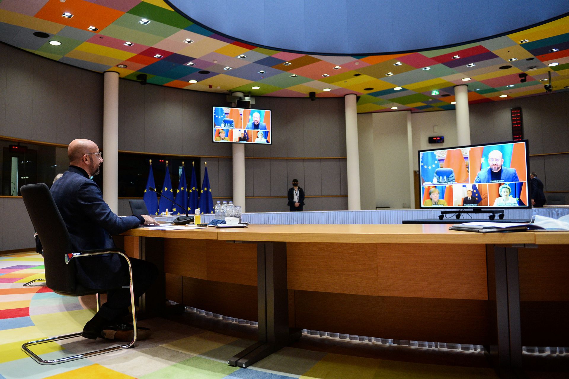 欧洲理事会主席米歇尔出席视频会晤画面。（Reuters）