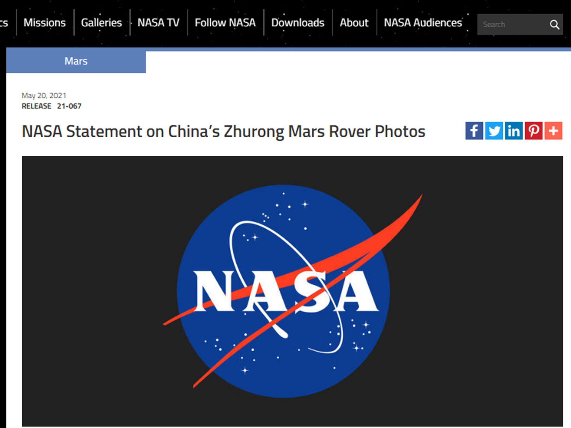 美国国家航空航天局关于“祝融号”中国火星探测器照片的声明。（NASA官网截图）