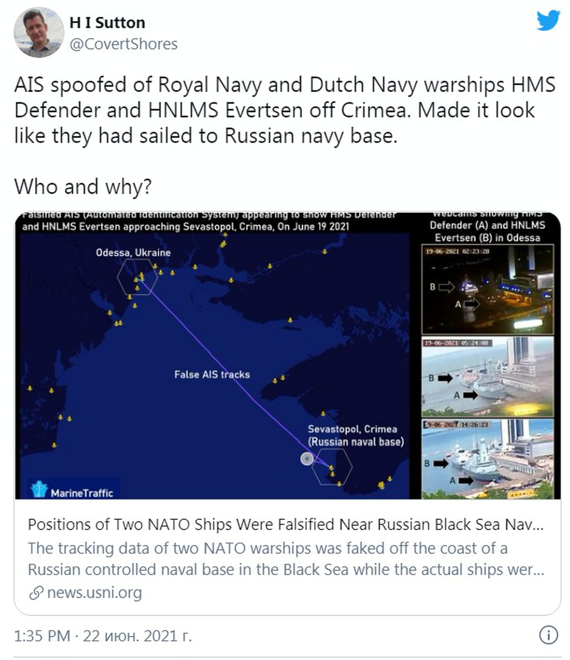 英舰伪造船舶自动识别系统（AIS）信息的动向也被社交网络上的军事观察者们发现了。（推特网页截图）