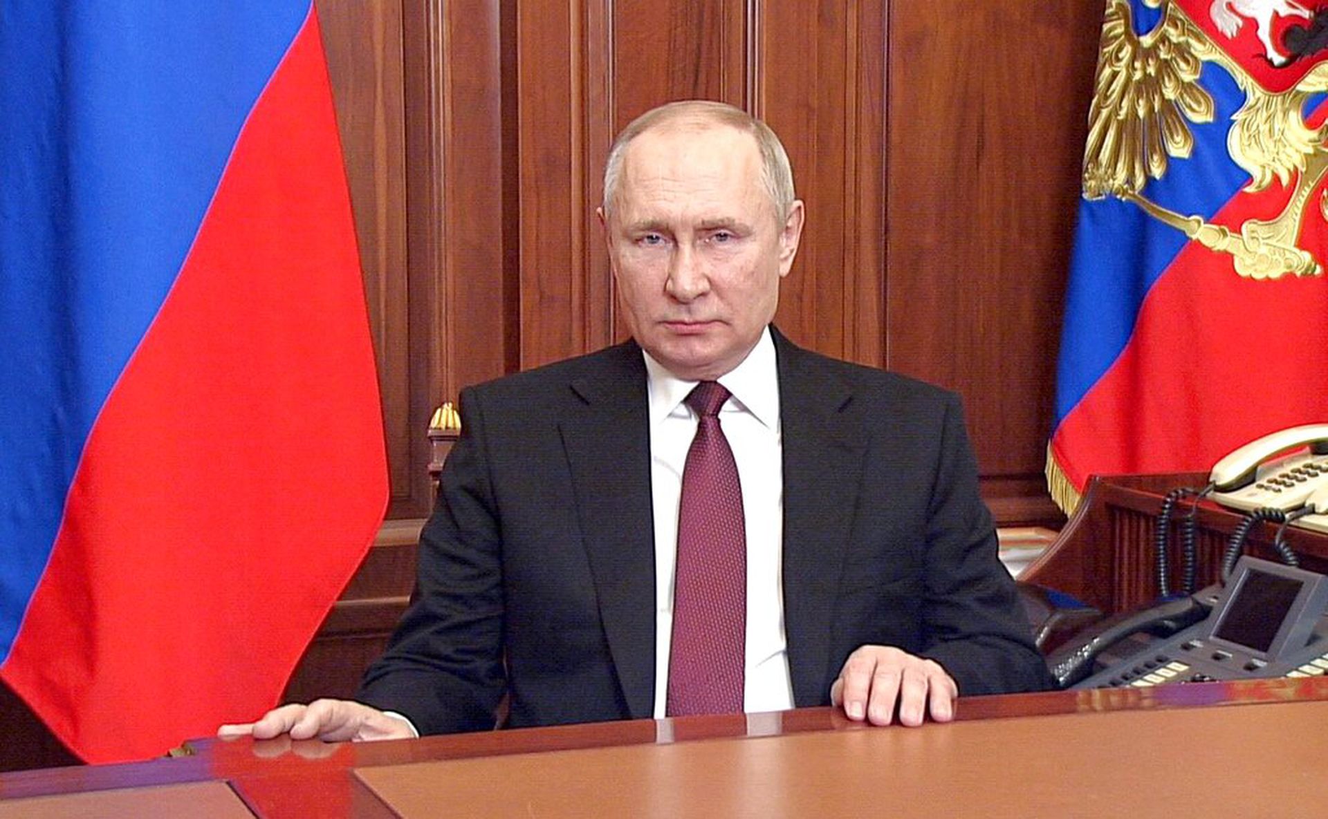 2022年2月24日，普京向俄罗斯全国发表讲话，宣布对乌克兰进行“军事特别行动”。（AP）