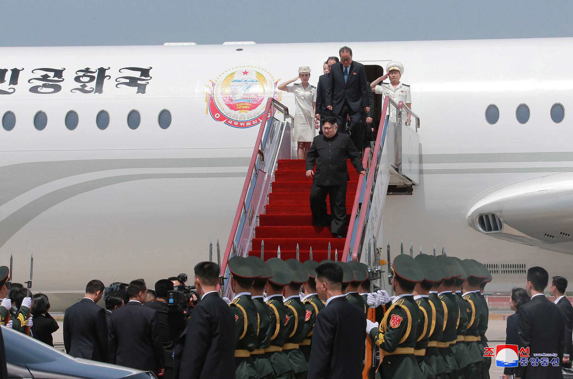 2018年5月9日，金正恩乘坐专机抵达中国大连。（Reuters）