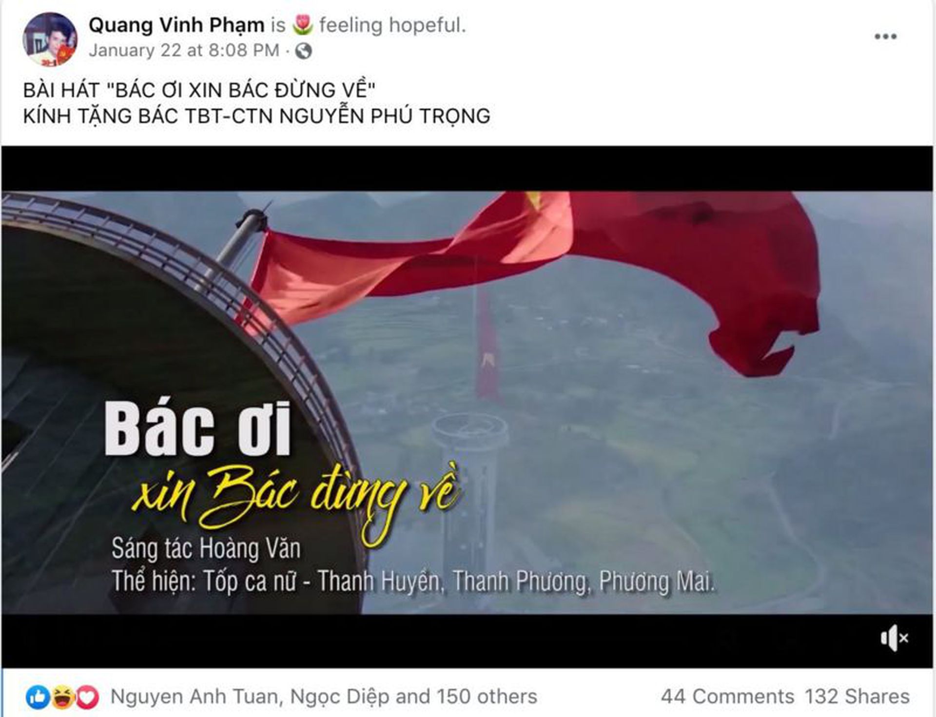 在越南民间，阮富仲等人的威望正因为其反腐等活动而得到大大提升，曾被用于专指胡志明的“伯伯”（bac）一词，也被用在阮富仲、阮春福等人身上。图中为1月中旬时在越南社交网络上传播的一首颂扬阮富仲的歌曲《伯伯啊，现在还不是回去的时候》。（Facebook网页截图）