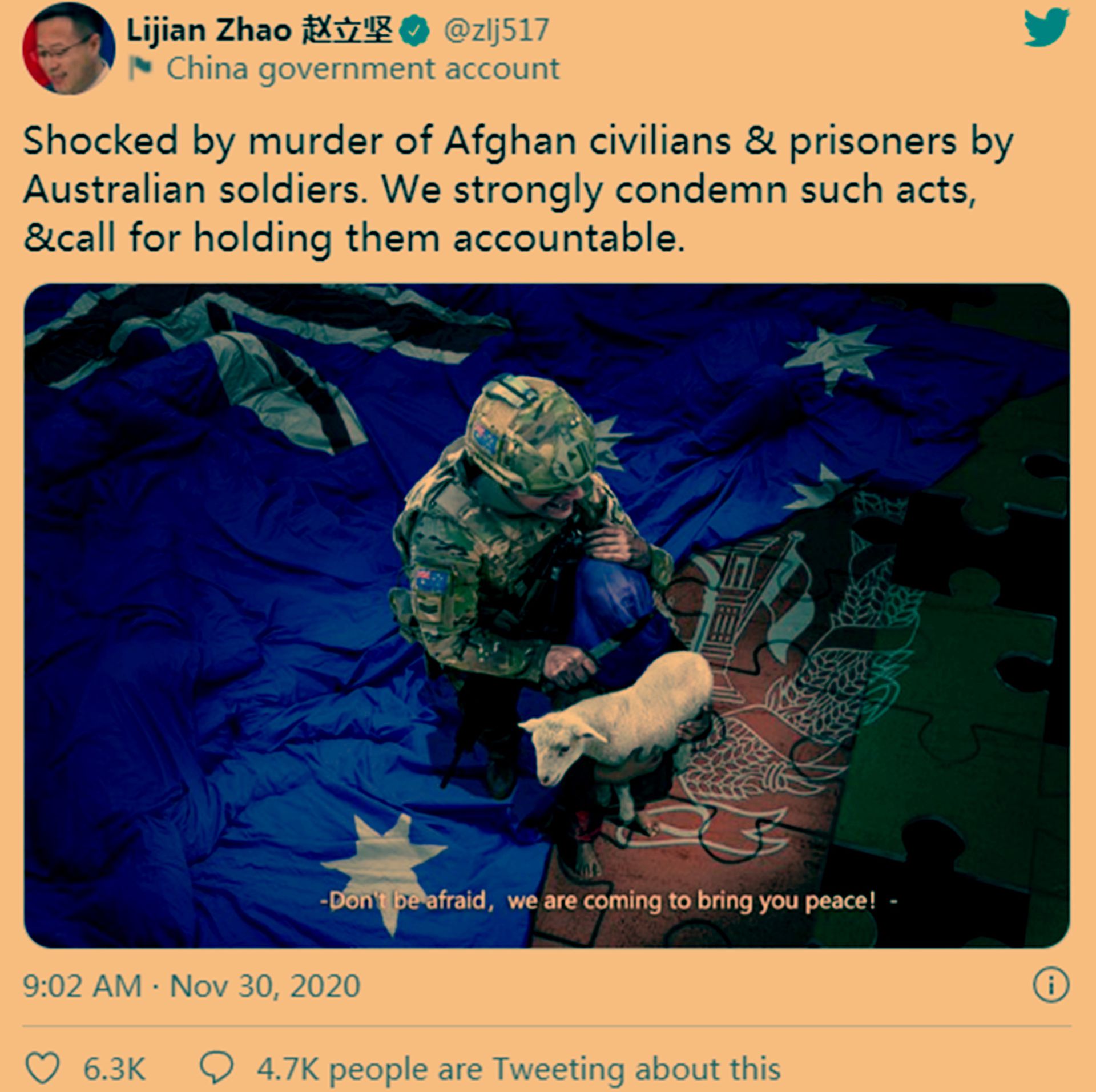 2020年11月30日，中国外交部发言人赵立坚转发漫画，讽刺澳大利亚军队在阿富汗的暴行。（Twitter@zlj517）