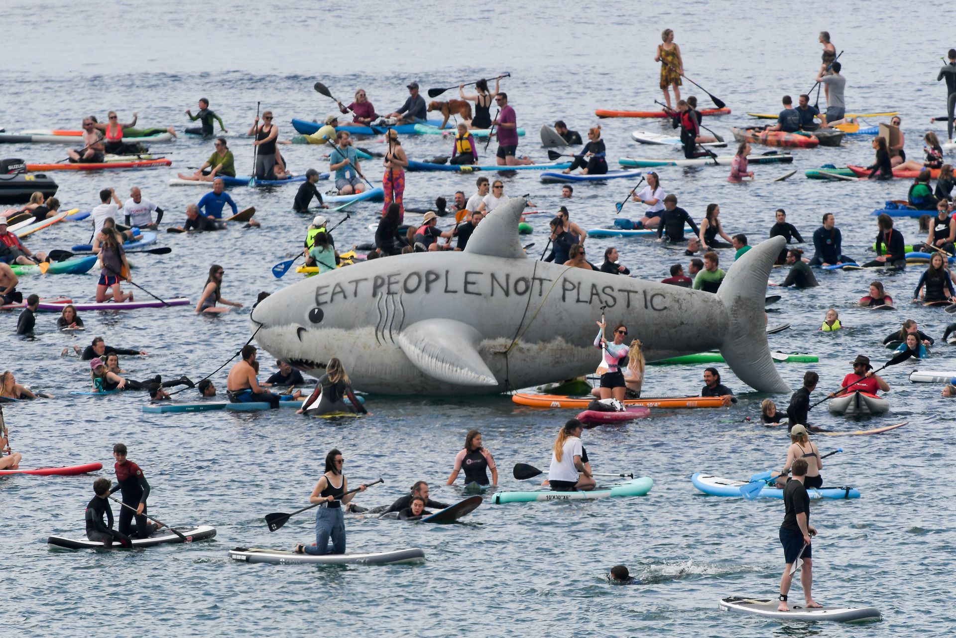 2021 年 6 月 12 日，在英国康沃尔举行的 G7 峰会期间，示威人群在法尔茅斯的 Gyllyngvase 海滩上划着皮划艇和木板围着道具鲨鱼抗议。（Reuters）