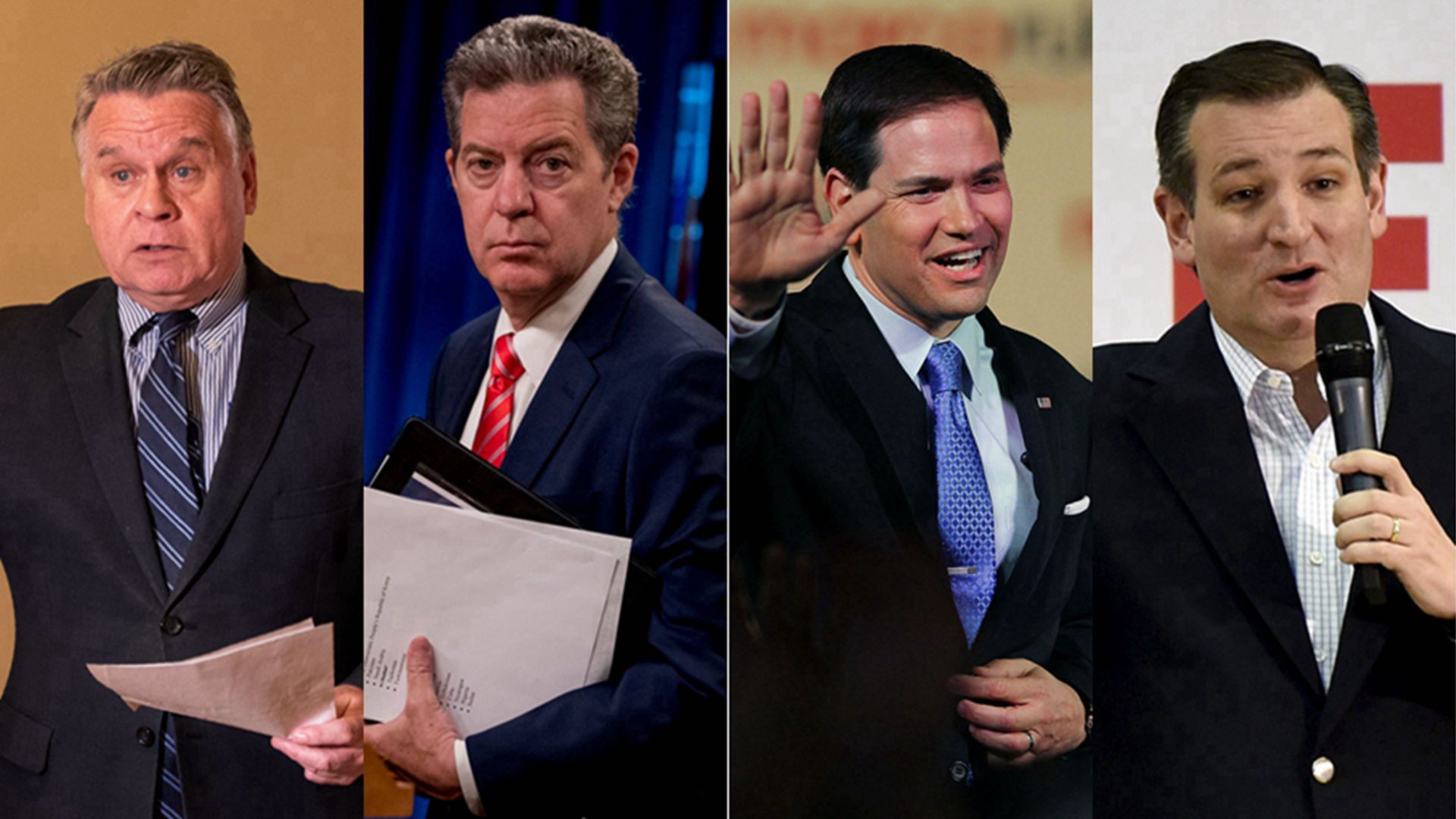 2020年7月13日的中国外交部记者会上，发言人华春莹宣布，中方决定自即日起对美国“国会-行政部门中国委员会”以及美国国务院国际宗教组织成员布朗巴克（Sam Brownback，左二）、卢比奥（Marco Rubio，右二）、克鲁兹（Ted Cruz，右一），史密斯（Chris Smith，左一）实施制裁。（左一左二：AP ，左三：AFP 左四：Reuters）