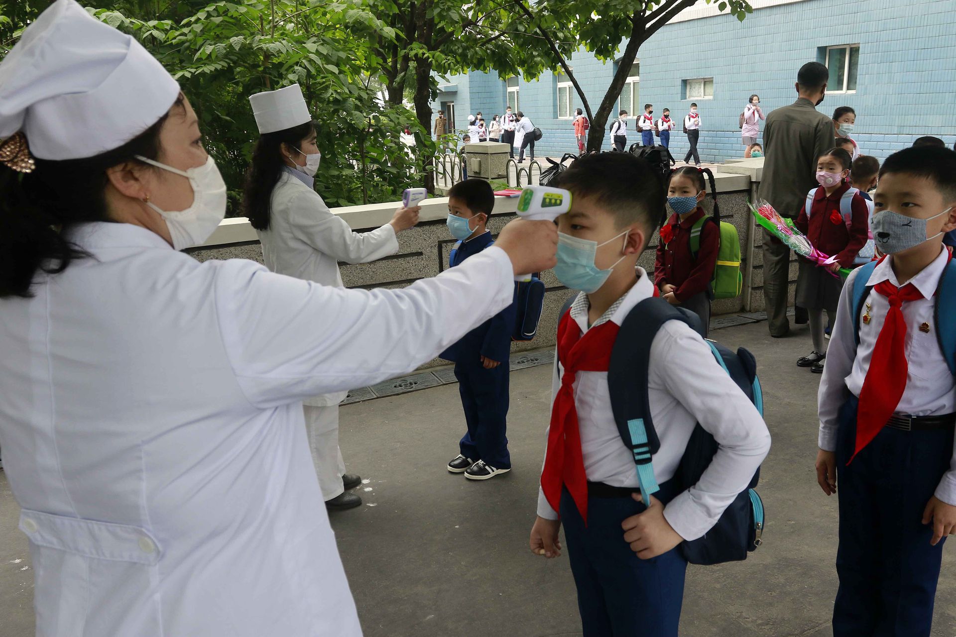 2020年6月3日，朝鲜平壤金松菊小学的学生在进入学校前接受体温检查。（AP）