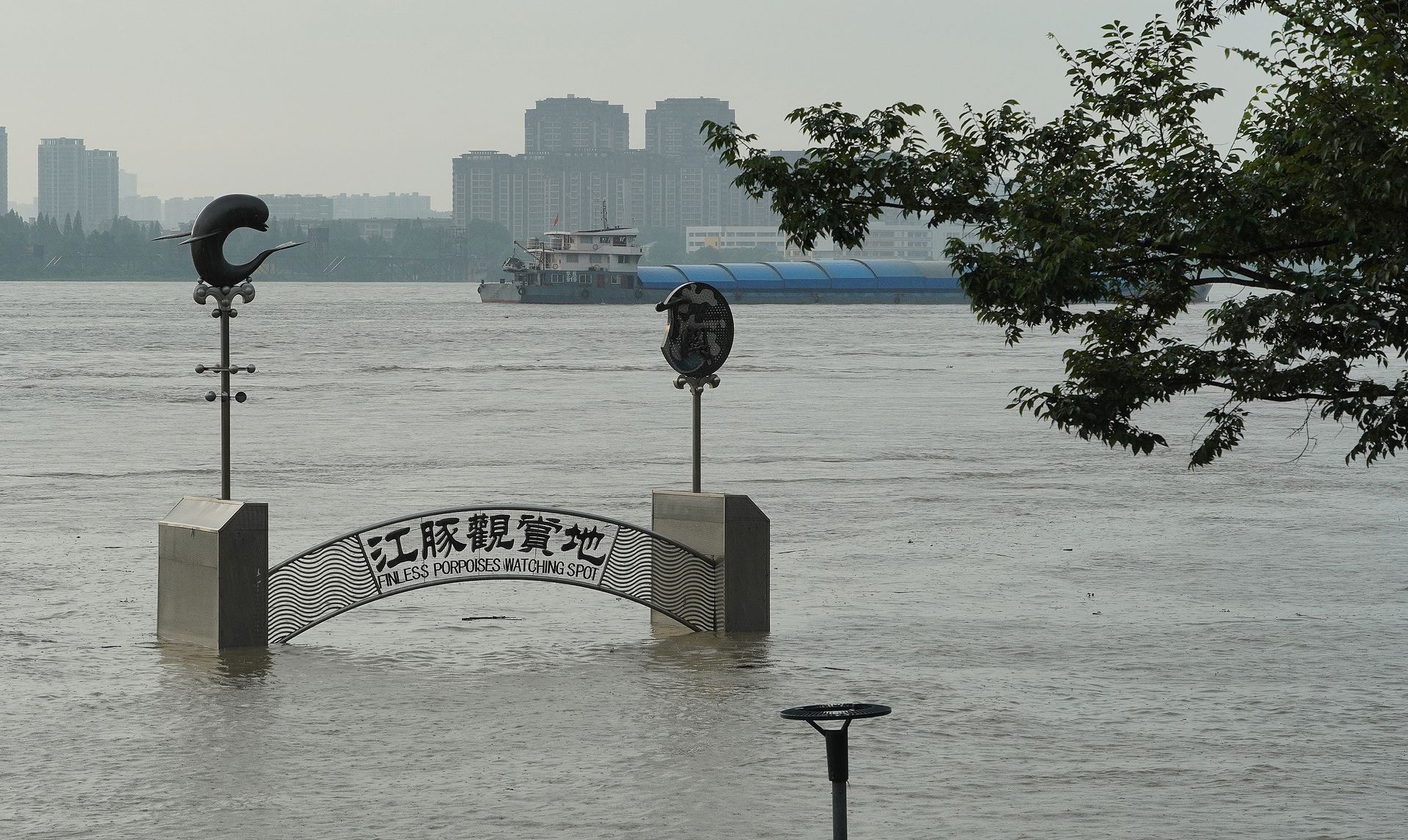 随着大量沿江建筑、民居被清理，改建为江边公园和湿地保护区，致使此次长江洪水造成的人身和财产损失大幅减少。图为7月12日，长江南京段被淹没的江边公园。（人民视觉）