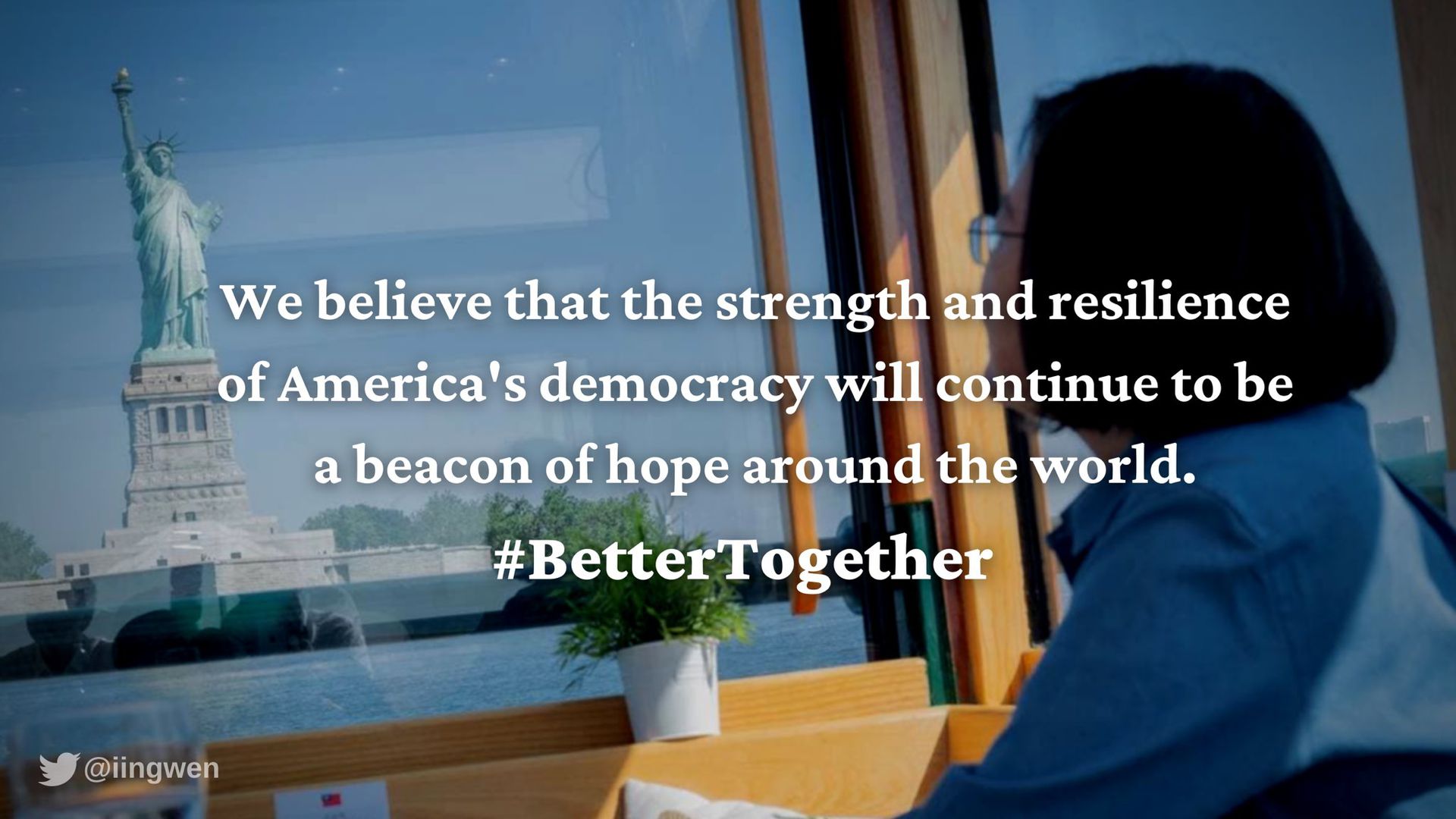 2021年初美国国会山庄暴动事件后，蔡英文于推特上表示，美国民主的强健与韧性将持续是世界的希望灯塔。（Twitter@蔡英文）