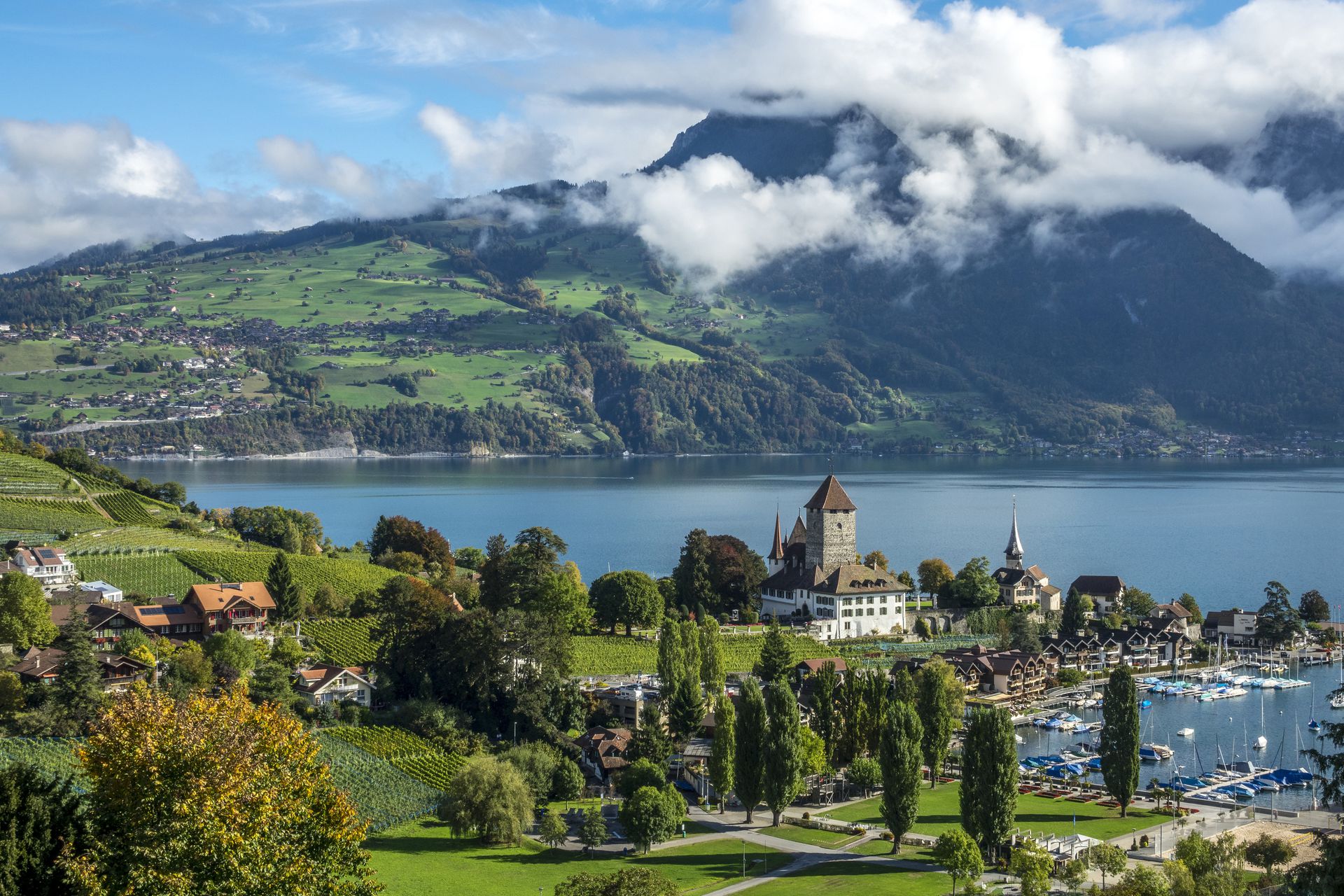 施皮茨小镇位于瑞士图恩湖南岸的一水湾边上，这里被雪山环抱，空气清新，被称为瑞士最美的小镇之一。碧水如镜的湖面上，尼德宏峰山脉一直延伸到伯尔尼阿尔卑斯山脉，构成一幅壮丽的全景图。（视觉中国）