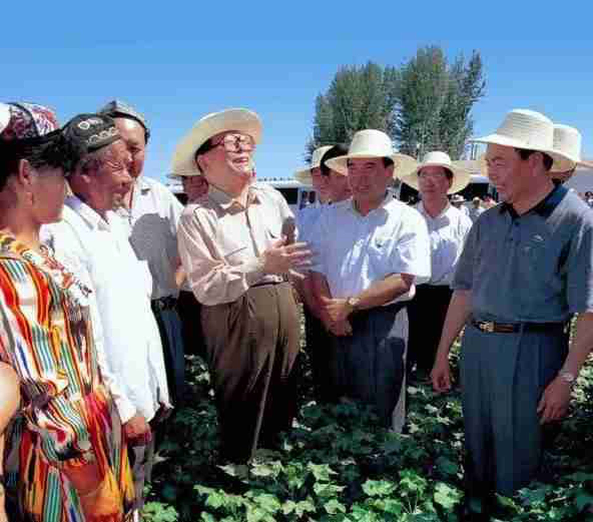 1998年7月5日，江泽民（左四）与阿克苏市波斯坦村棉农交谈。（微博@寰亚SYHP）