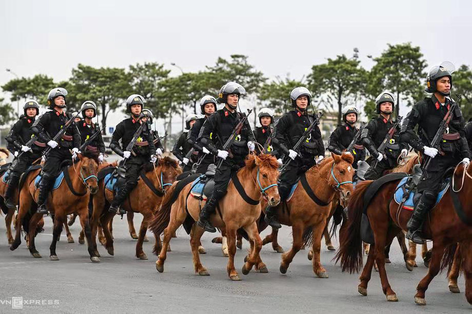 在1月8日的演习中，越方还首次展示了其总兵力54人的骑警队。（越南快报网页截图）