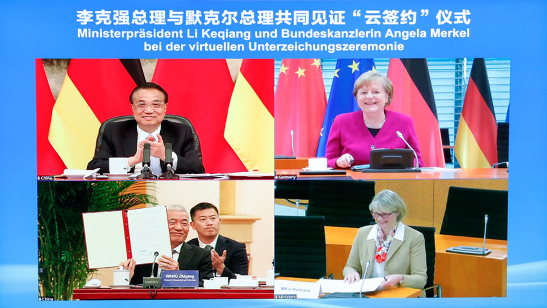 磋商后,中德两国总理共同出席了“云签约”仪式,见证了应对气候变化等多个领域双边合作文件的签署。(中国政府网) 磋商后,中德两国总理共同出席了“云签约”仪式,见证了应对气候变化等多个领域双边合作文件的签署。(中国政府网)