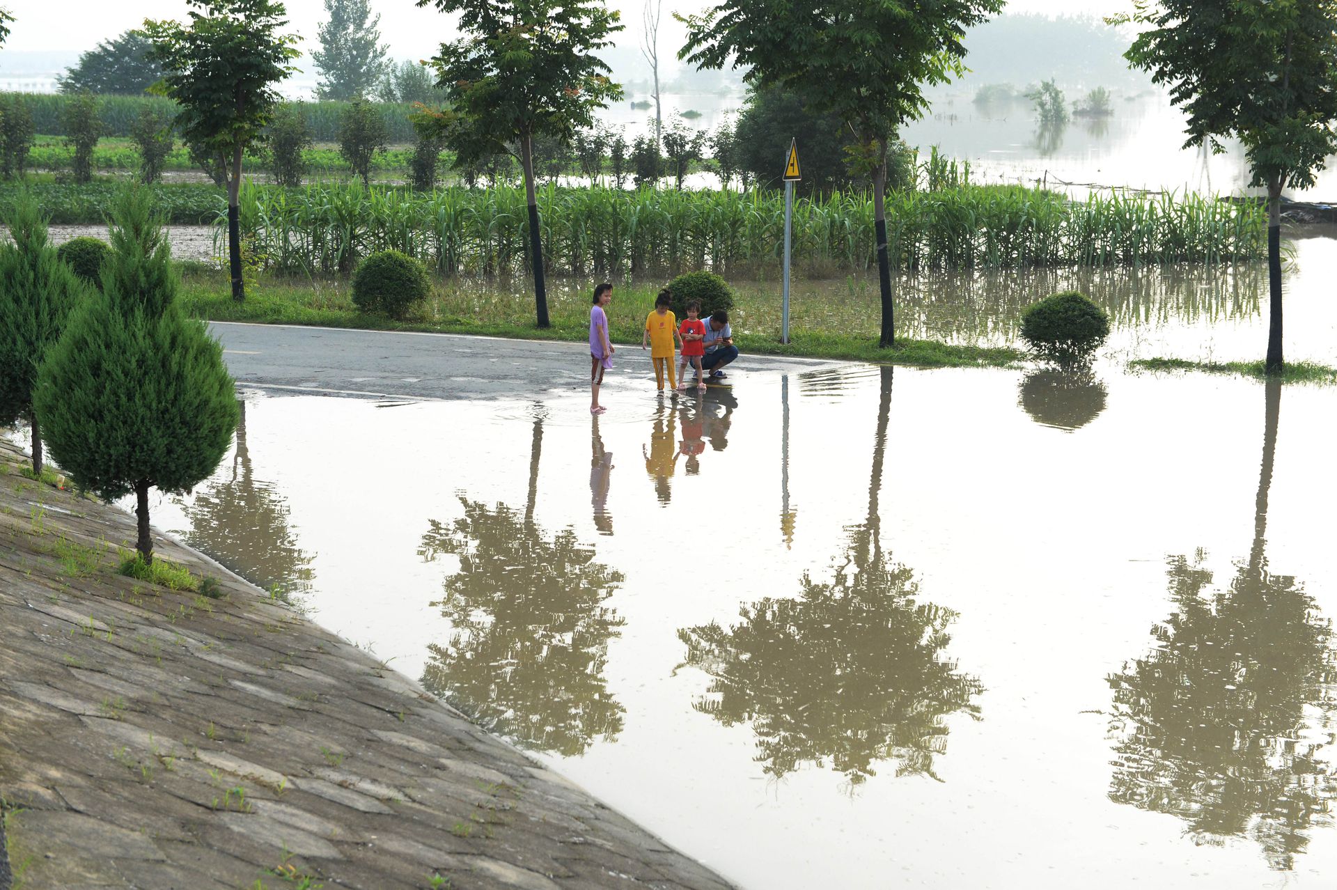 航拍王家坝开闸泄洪:村庄高地变孤岛一片汪洋…