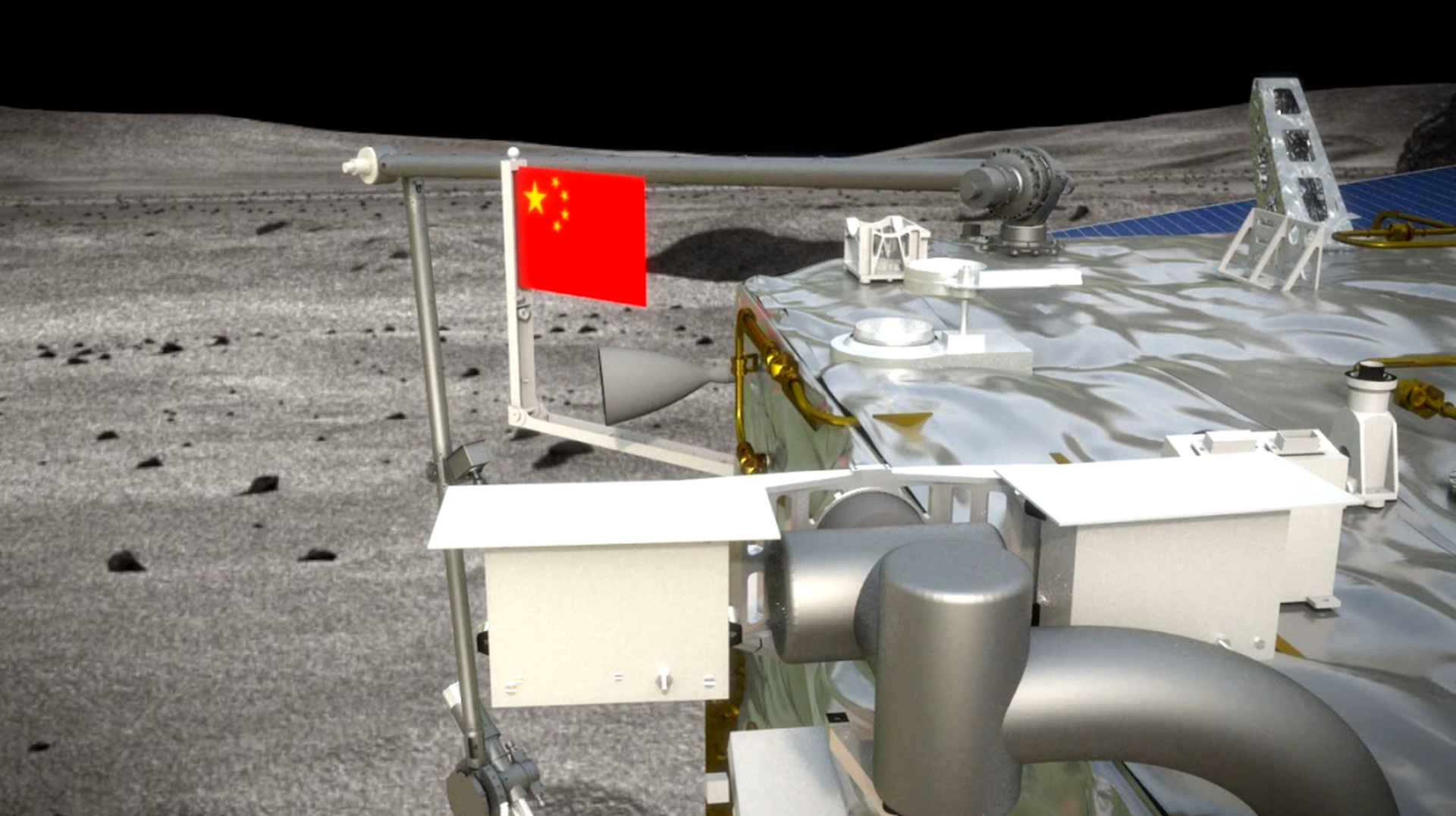 在完成采样任务上升起飞前，嫦娥五号着陆器携带的一面“织物版”五星红旗在月面成功展开，这是中国在月球表面首次实现国旗的“独立展示”。（中国航天报）