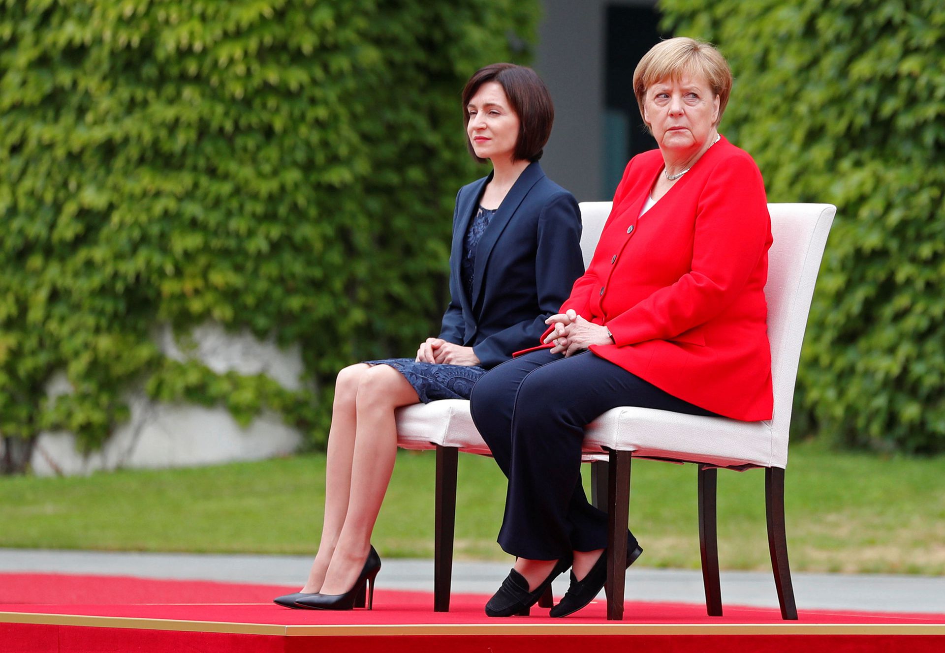 2019年7月16日，德国总理默克尔（Angela Merkel ）会见到访的时任摩尔多瓦总理桑杜。（Reuters）