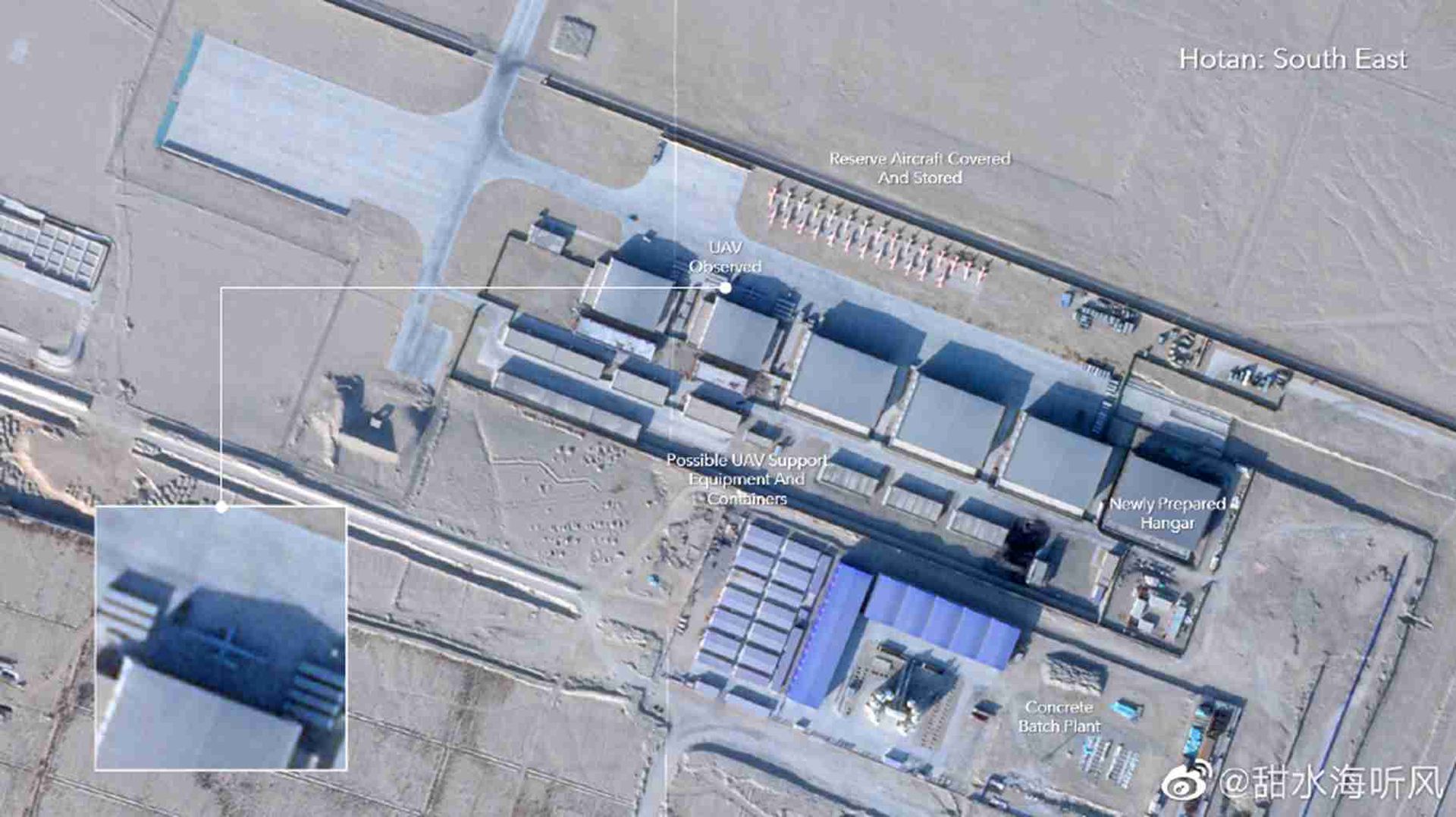 现在的和田机场可以看到新修的跑道和机库。（微博@甜水海听风）