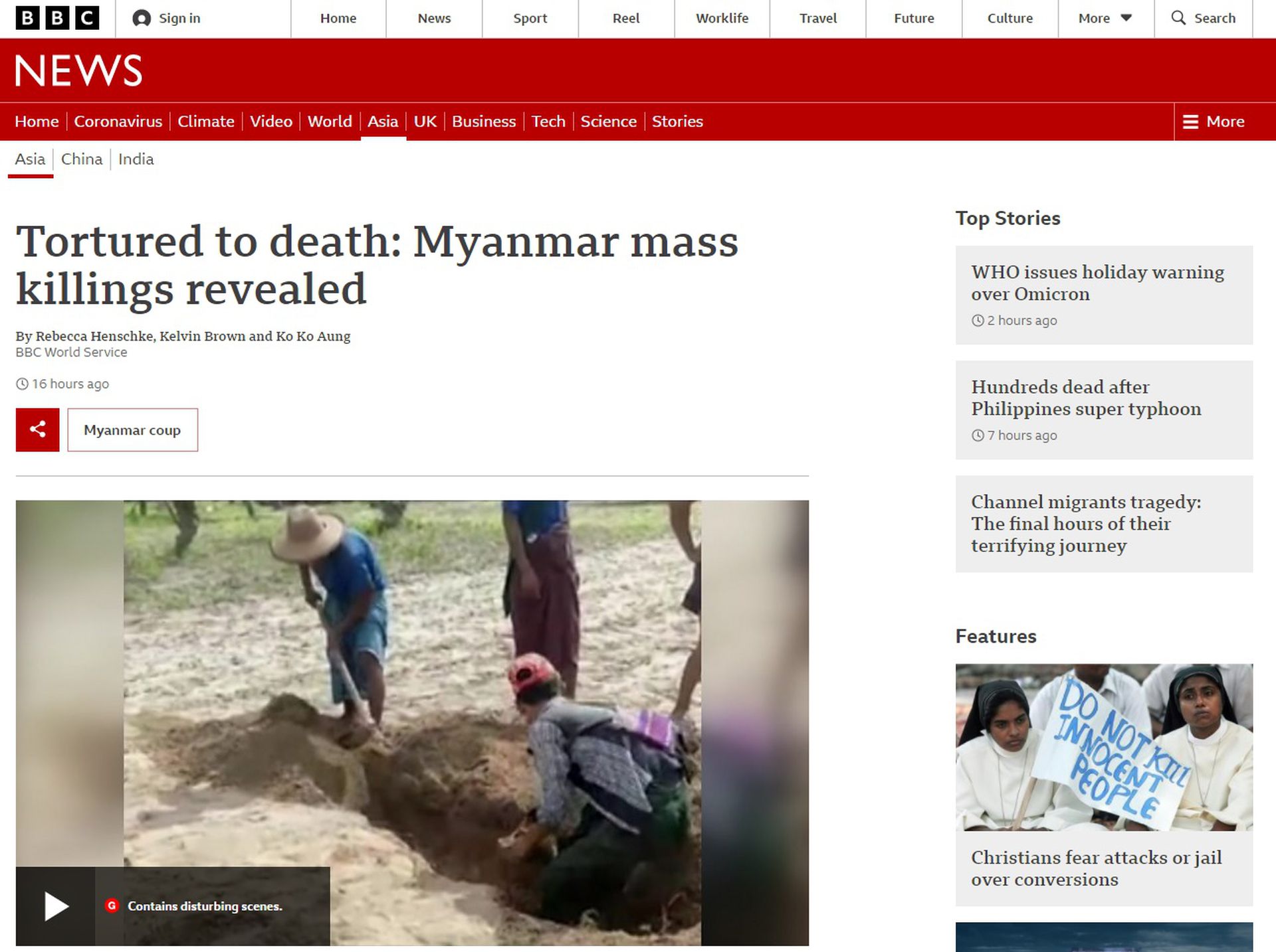 图为BBC在12月20日，缅甸军方大规模杀害平民相关的报道。（BBC官网截图）