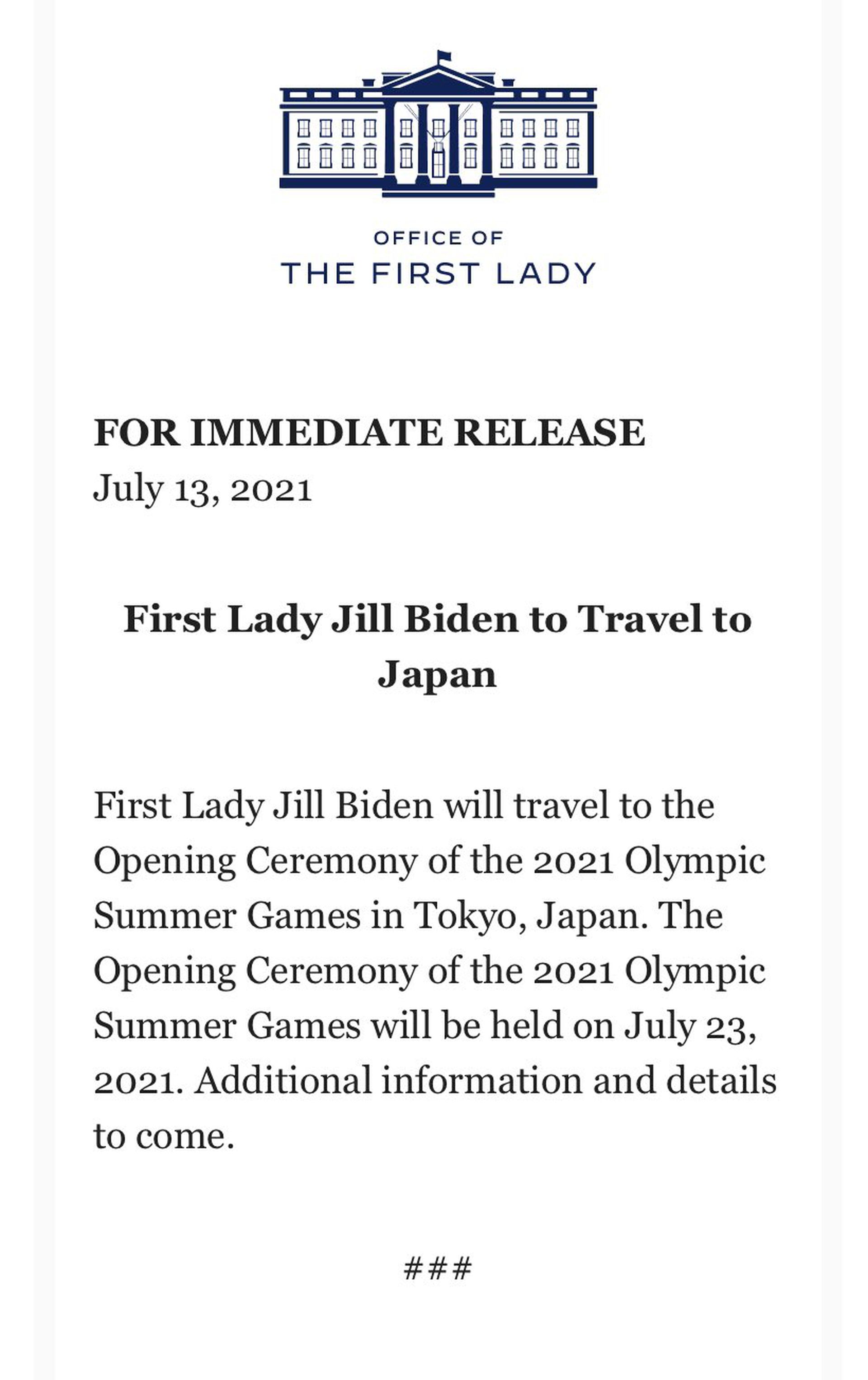 7月13日，白宫宣布美国第一夫人吉尔将出席日本东京奥运会开幕式。（白宫网站）