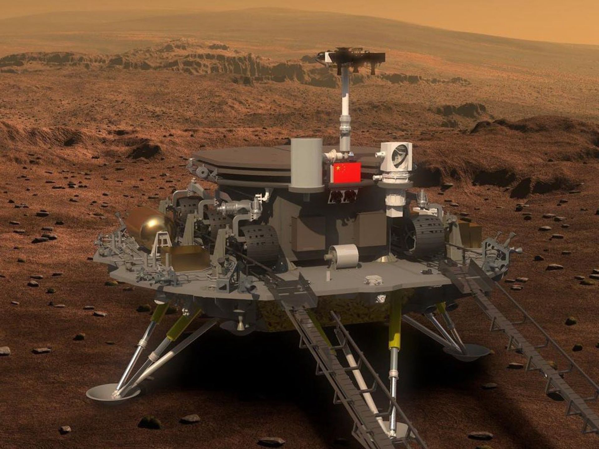 5月15日，天问一号探测器成功着陆火星。图为插着中国国旗的模拟天问一号探测器。（Twitter@Gwadar_Pro）