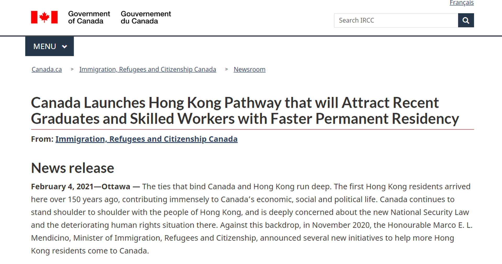 加拿大发声明，合资格港人可在2月8日起申请新工作签证。（加拿大政府网站截图）