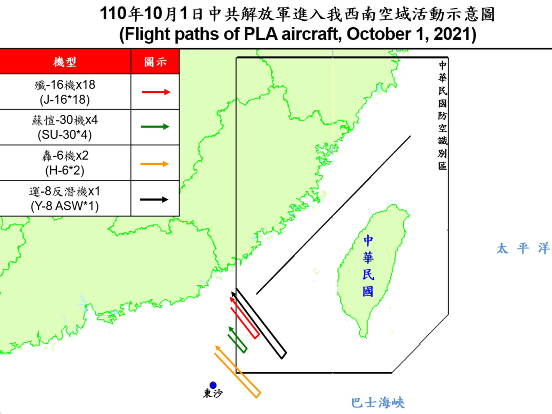 解放军25架次军机赴台湾航迹图。由于解放军的干扰，台军并未实时画面。（台湾国防部官网）
