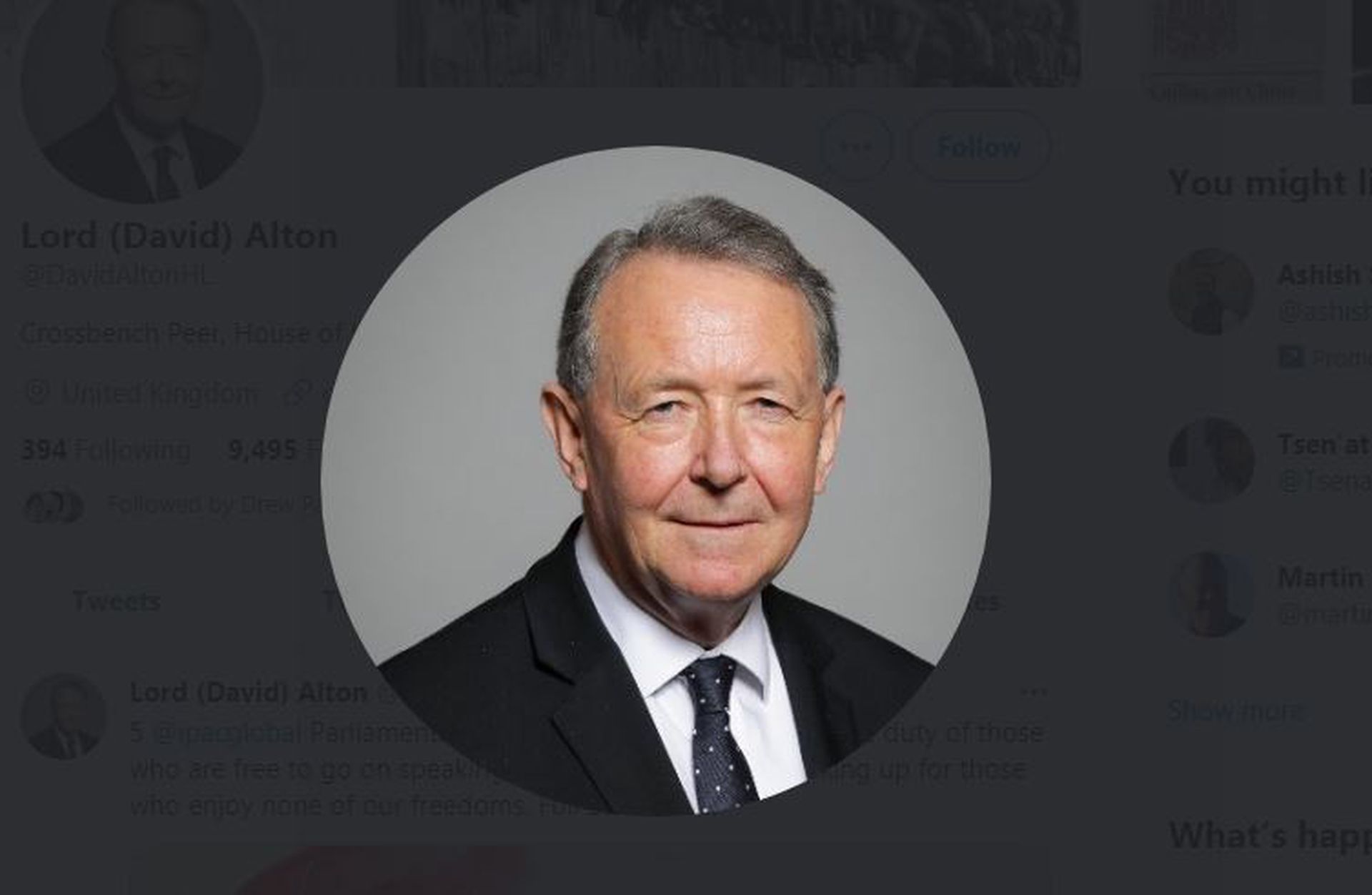 这是英国上议院议员奥尔顿。(Twitter@Lord David Alton截图)