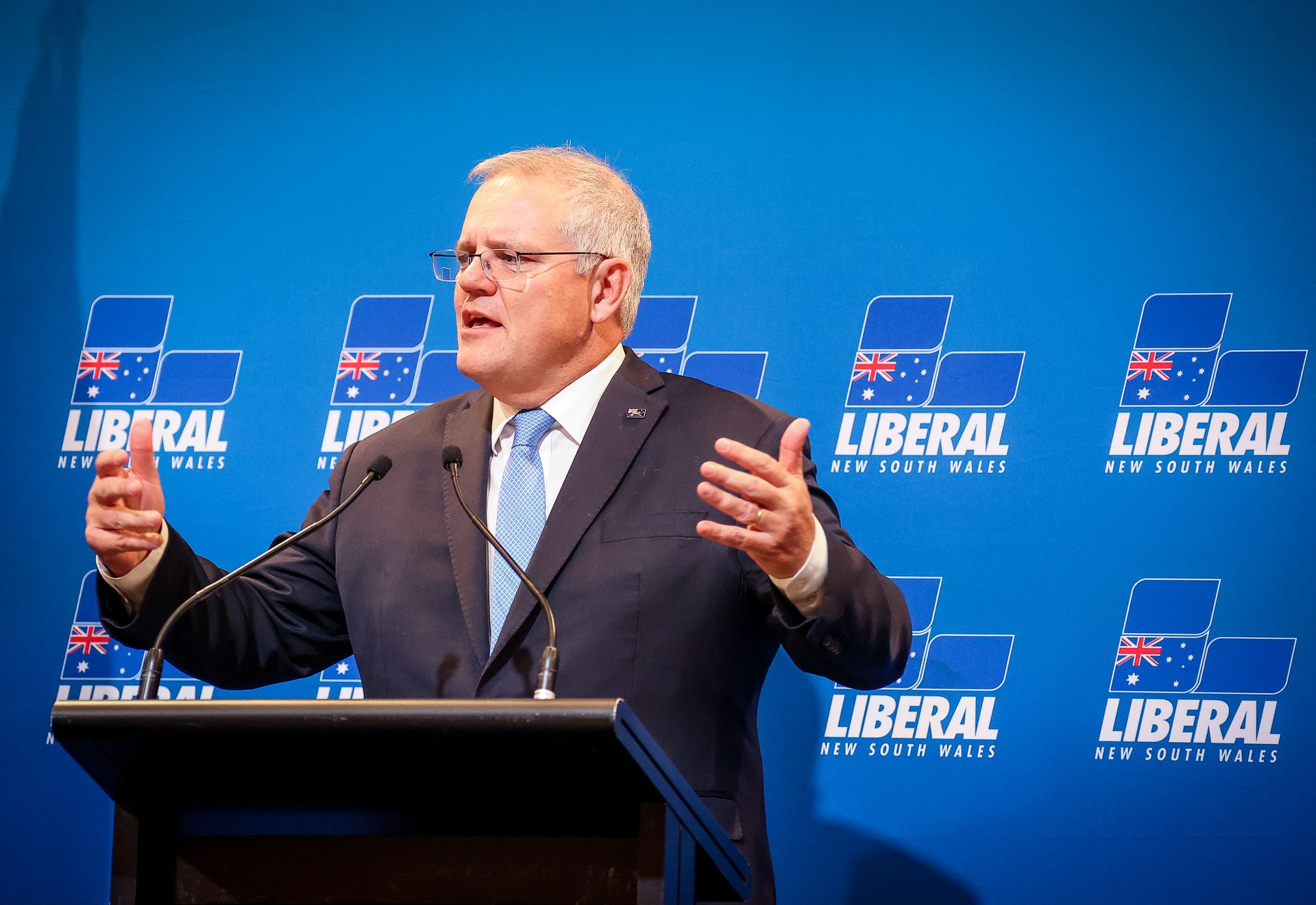 2021年5月14日，澳大利亚总理莫里森在悉尼出席午餐会时发表讲话。（Getty）