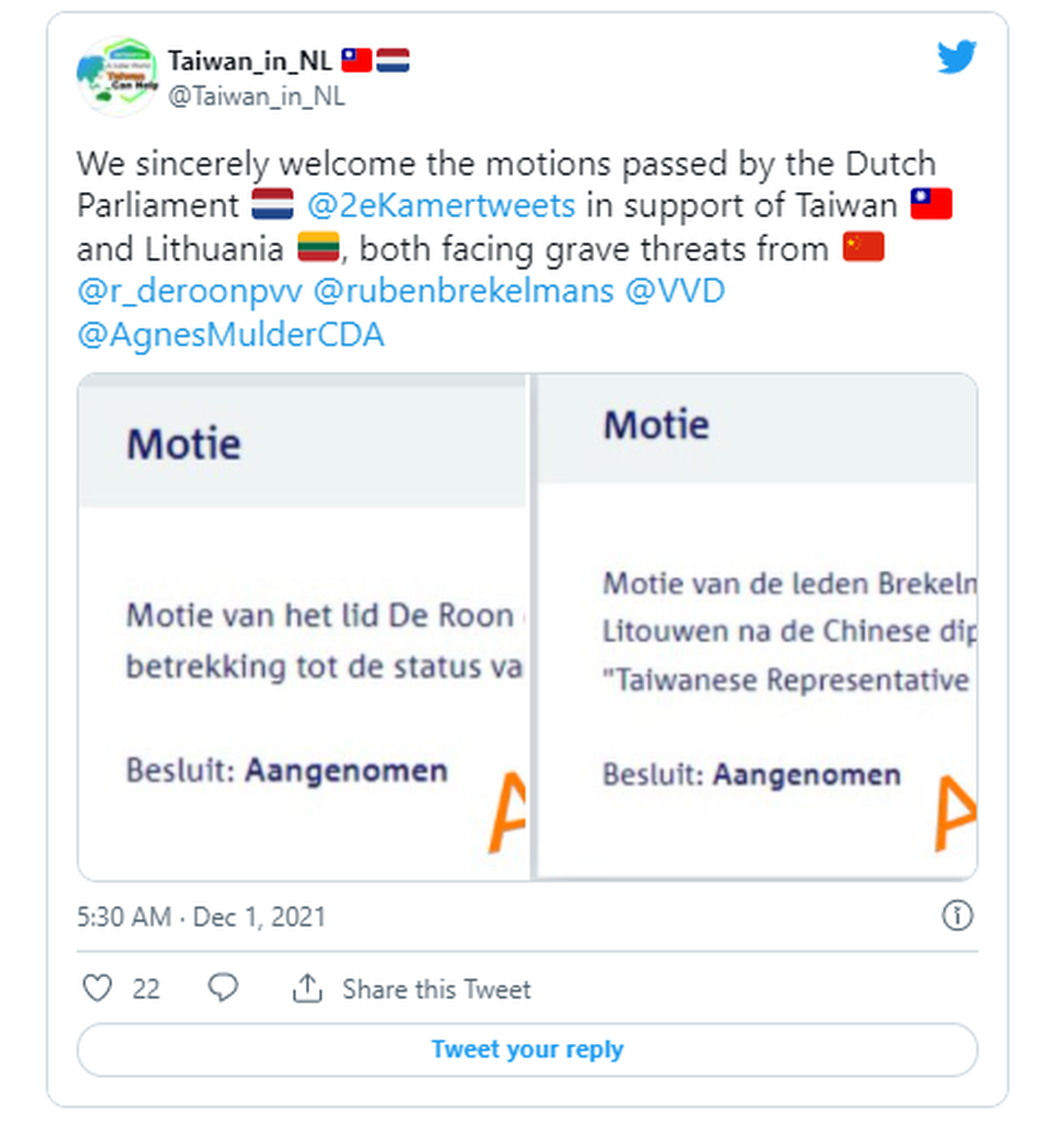 驻荷兰台北代表处推文截图。（Twitter @Taiwan_in_NL）