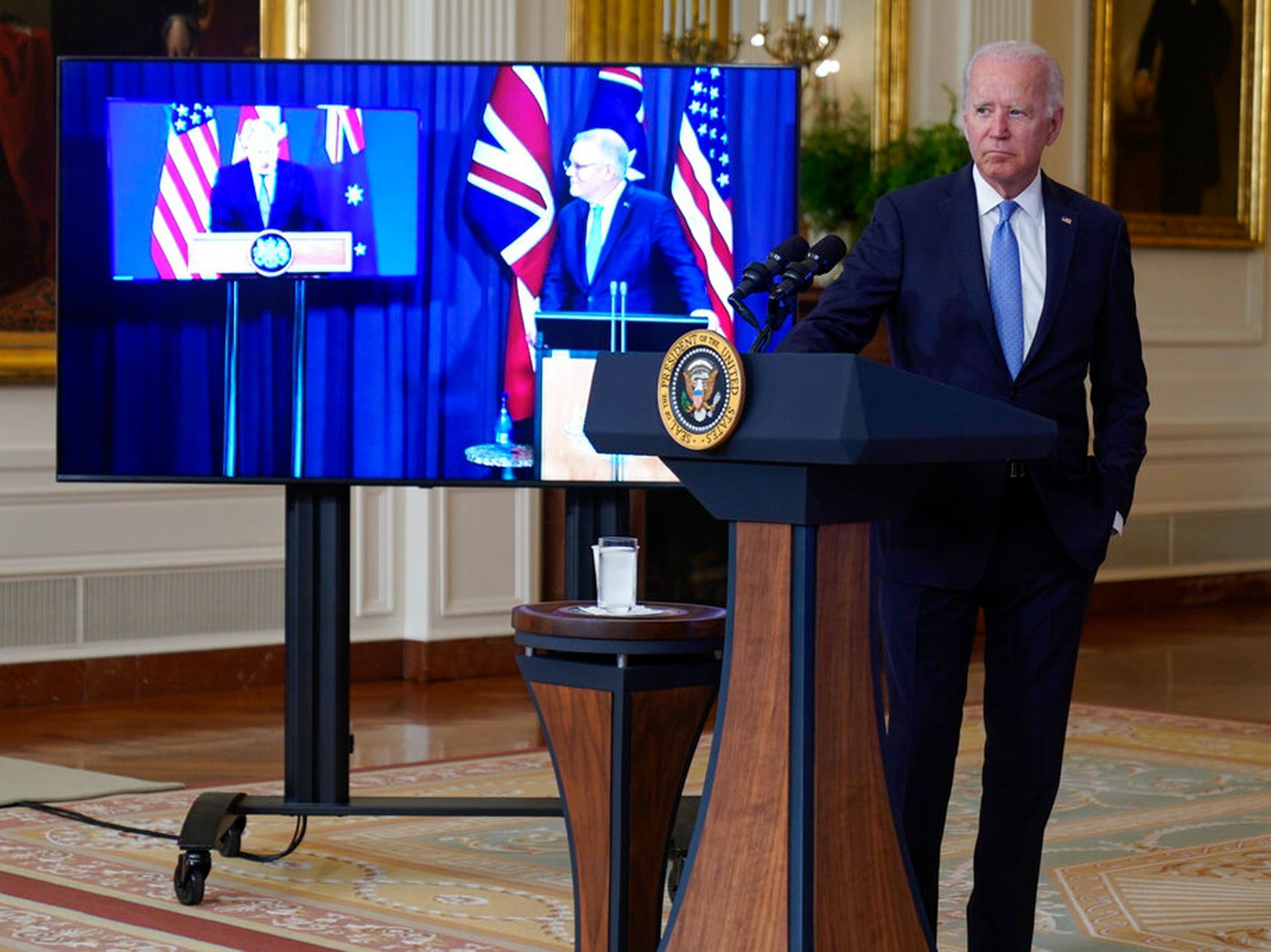 9月15日，美英澳公布达成核潜艇协议。（AP）