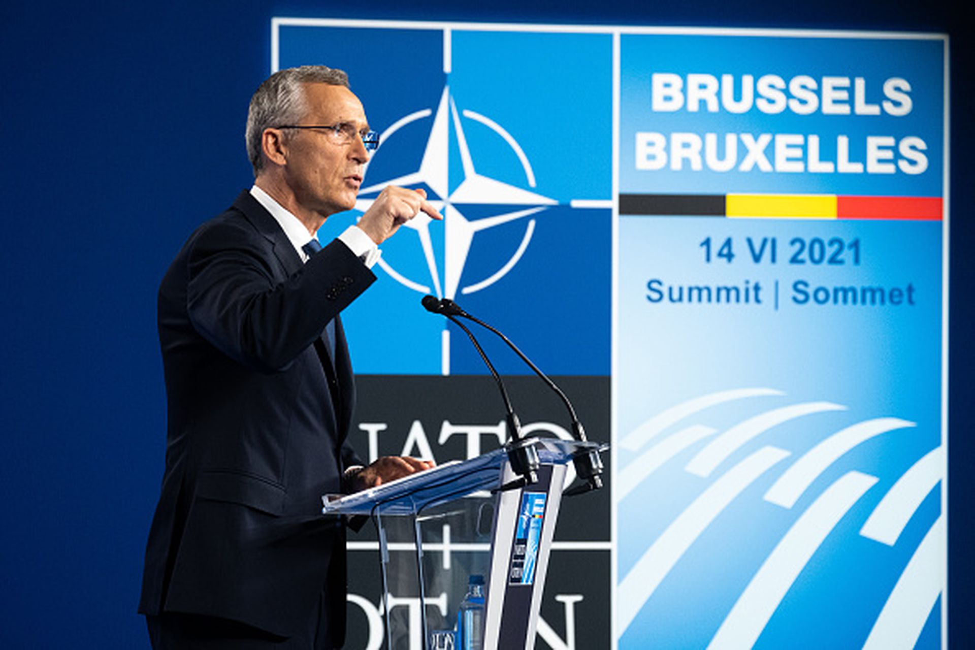 2021年6月14日，布鲁塞尔，北约秘书长斯托滕贝格（ Jens Stoltenberg）在北约峰会后出席新闻发布会并发表讲话。（Getty Images）