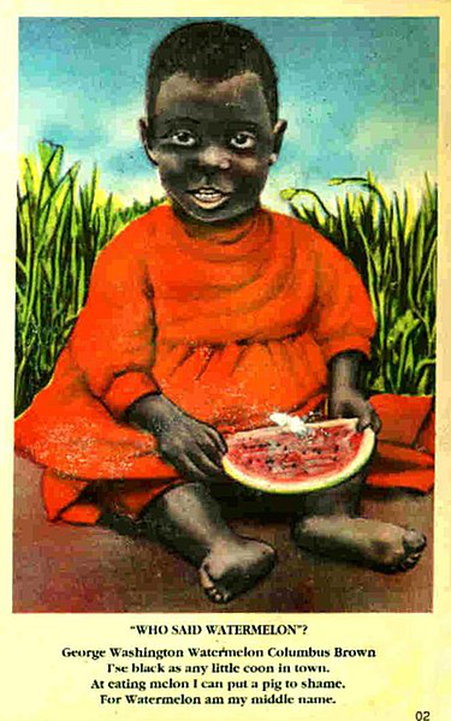 1900年代美国的一张调侃黑人与西瓜的漫画，图下的配文尽显歧视意味。（WikiCommons）