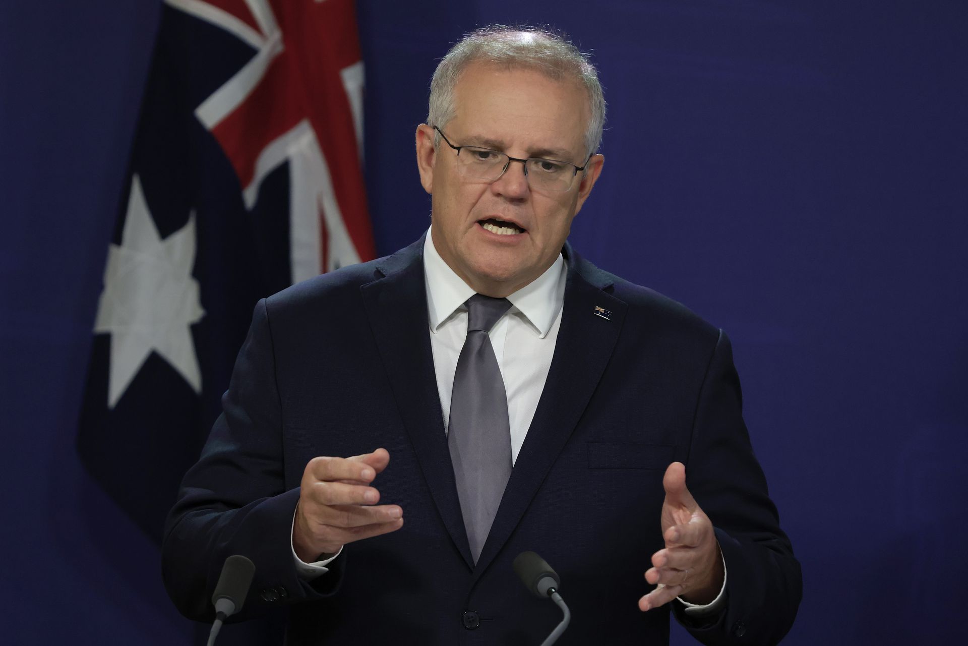 2021年3月5日，澳大利亚总理莫里森（Scott Morrison）在悉尼出席新闻发布会。莫里森执政以来，中澳关系持续不佳。（Getty）