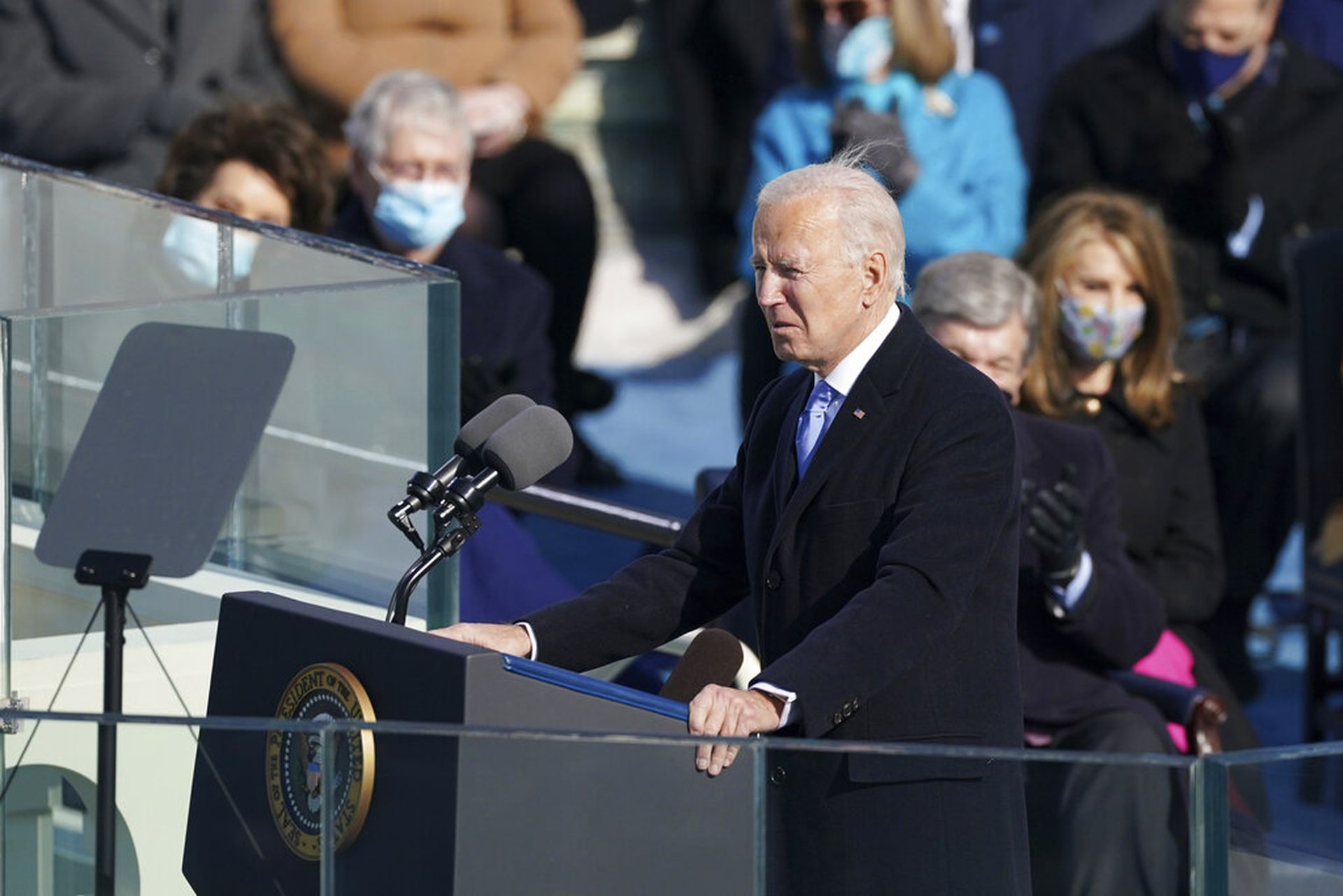 拜登1月20日在华盛顿国会大厦宣誓后，发表就职演讲。（AP）