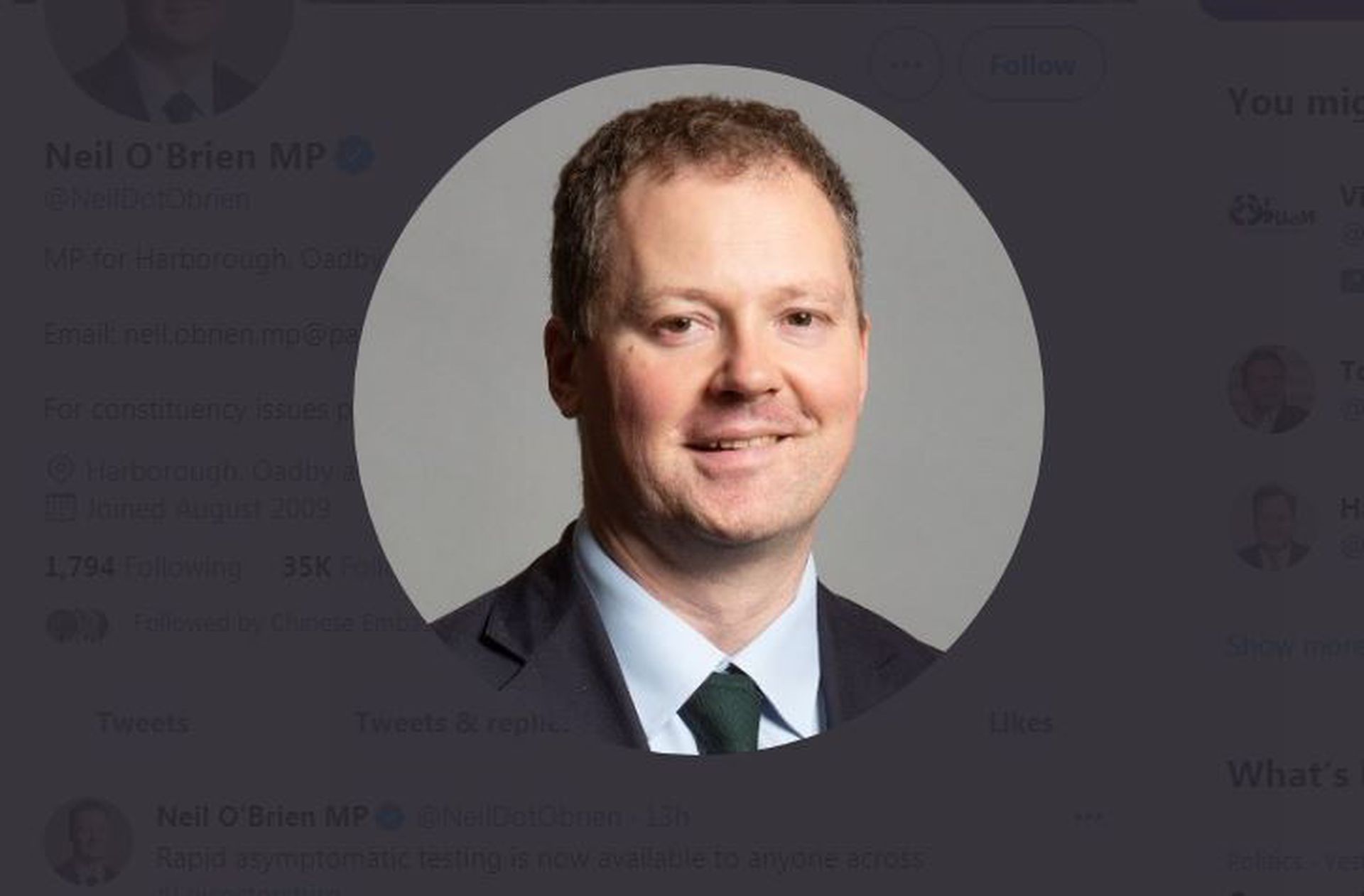 这是英国保守党议员奥布莱恩。（Twitter@ Neil O'Brien MP截图）