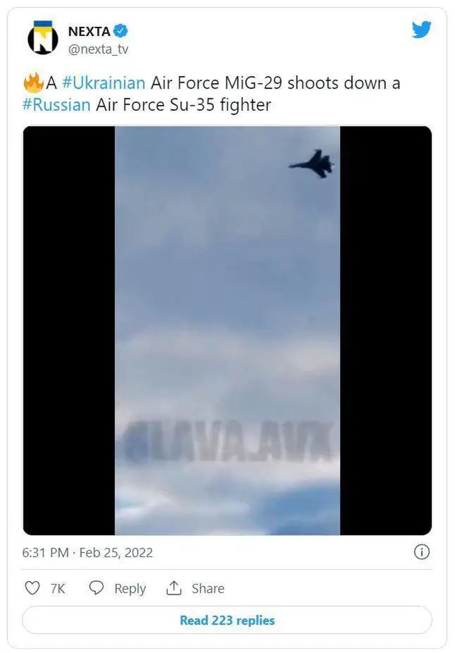 一架乌克兰战斗机遭到袭击而坠毁的画面，实际上出自电视游戏数码战斗模拟（DCS）。（网络截图）