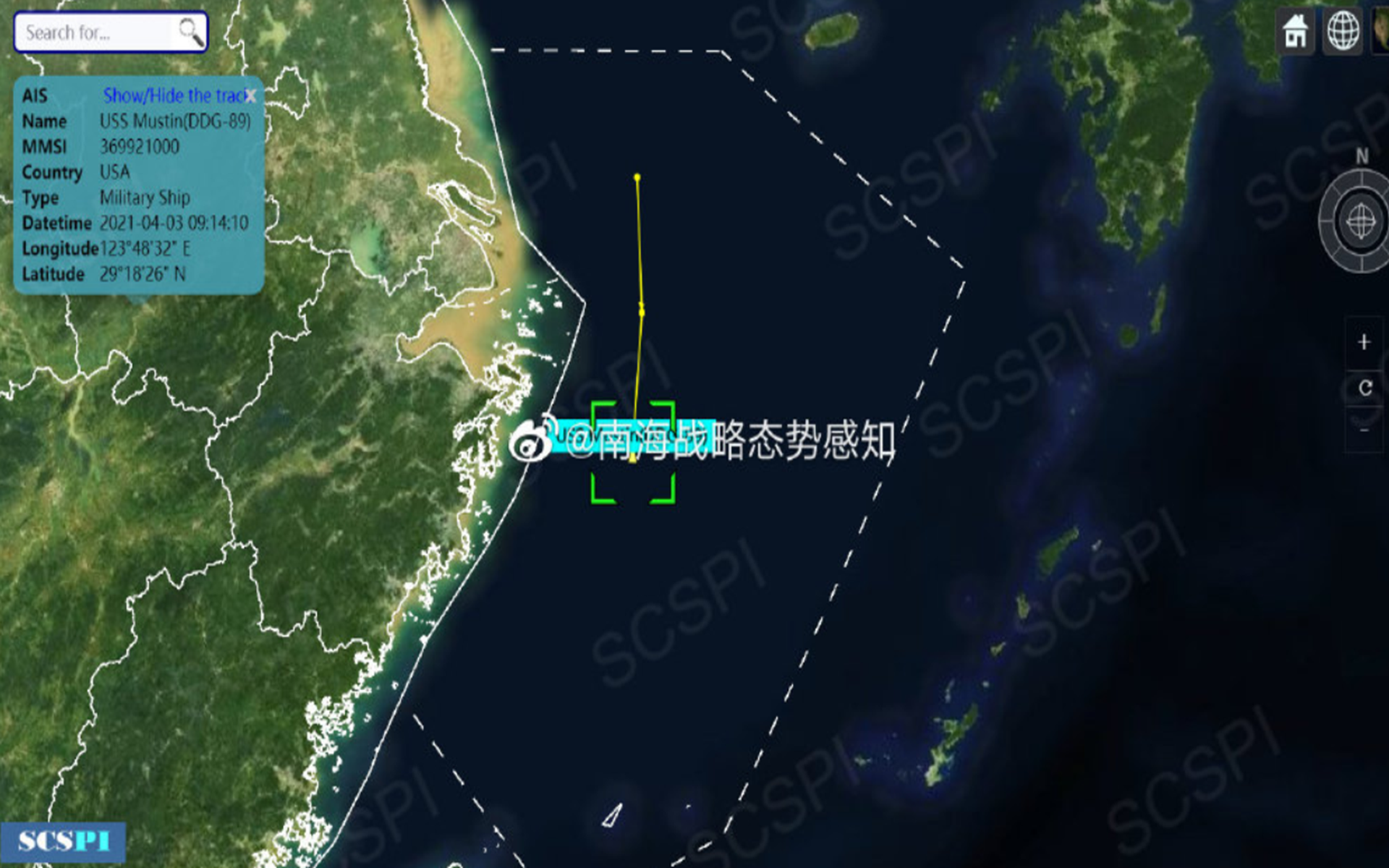 “南海战略态势感知”计划平台4月3日公布的图像显示，美军驱逐舰现身长江口附近海域。（微博@南海战略态势感知）