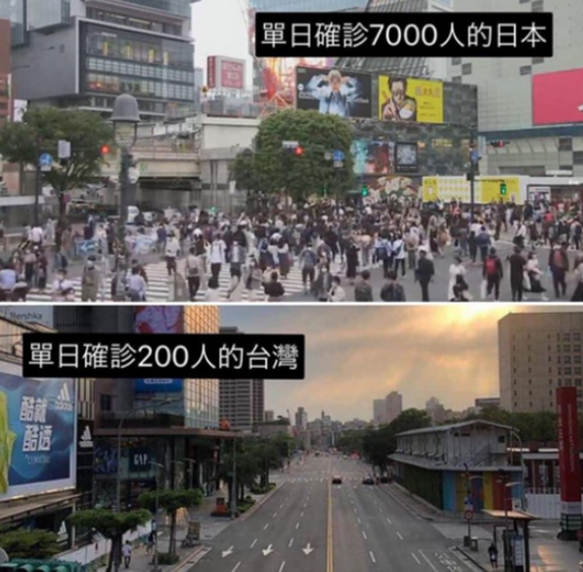 日本视频博主对比单日确诊200的台湾街头和单日确诊7,000的日本街头。（Twitter@junchan_daaa）