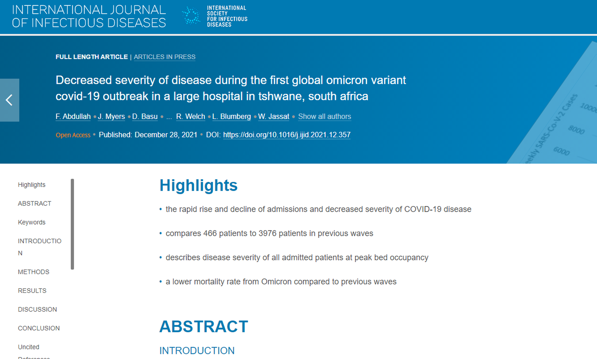 这个南非研究12月28日在《国际传染病杂志》（International Journal of Infectious Diseases）网站发布（网站截图）