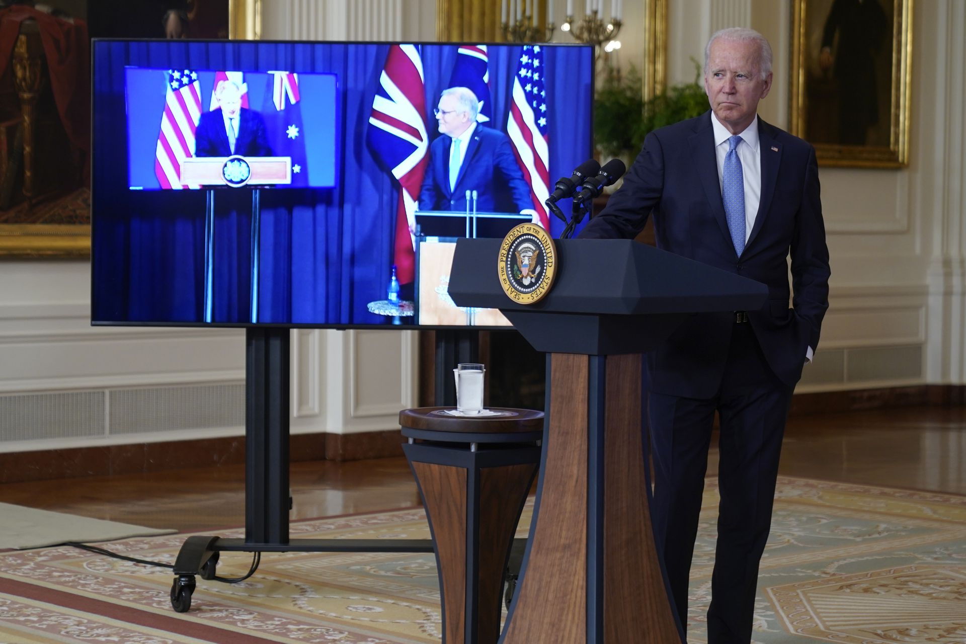 2021年9月15日，美国总统拜登与英国和澳大利亚领导人宣布建立新的三边安全伙伴关系。（AP）